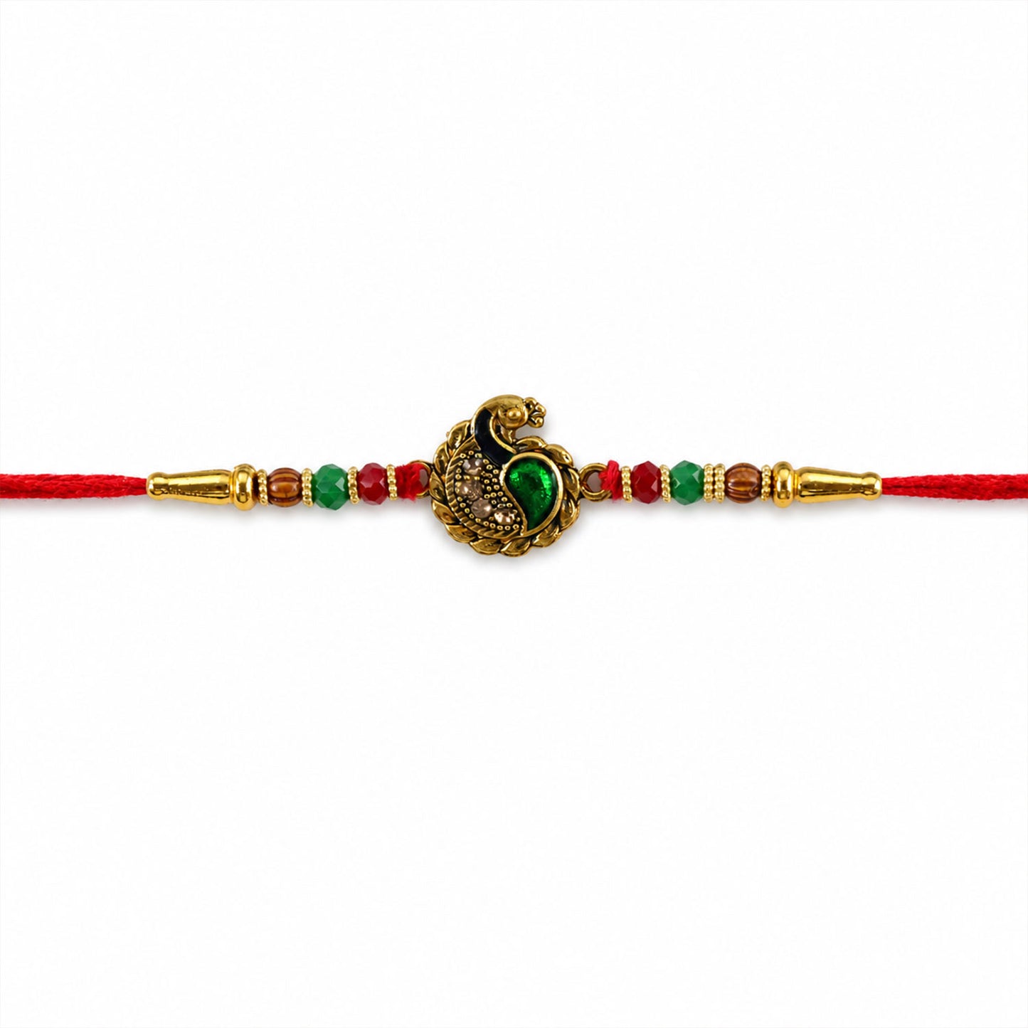 Green Peacock Paisley Rakhi with Golden Detail, Festive Beads and Red Thread