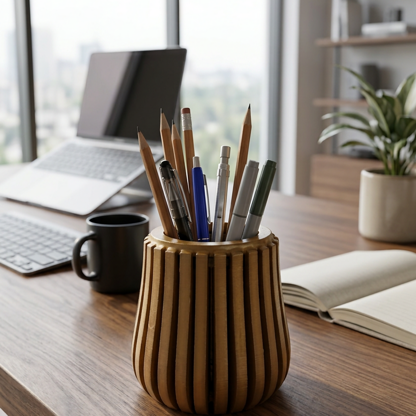 Stylish wooden pen and stationery organizer with a sleek design on a clean workspace.
