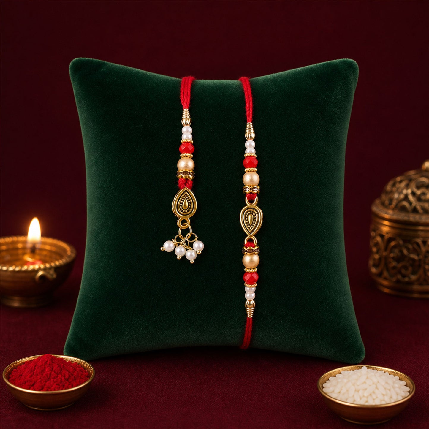 Graceful Teardrop Eye Bhai Bhabhi Rakhi with Drop Pendant and Pearl Tassel for Gift