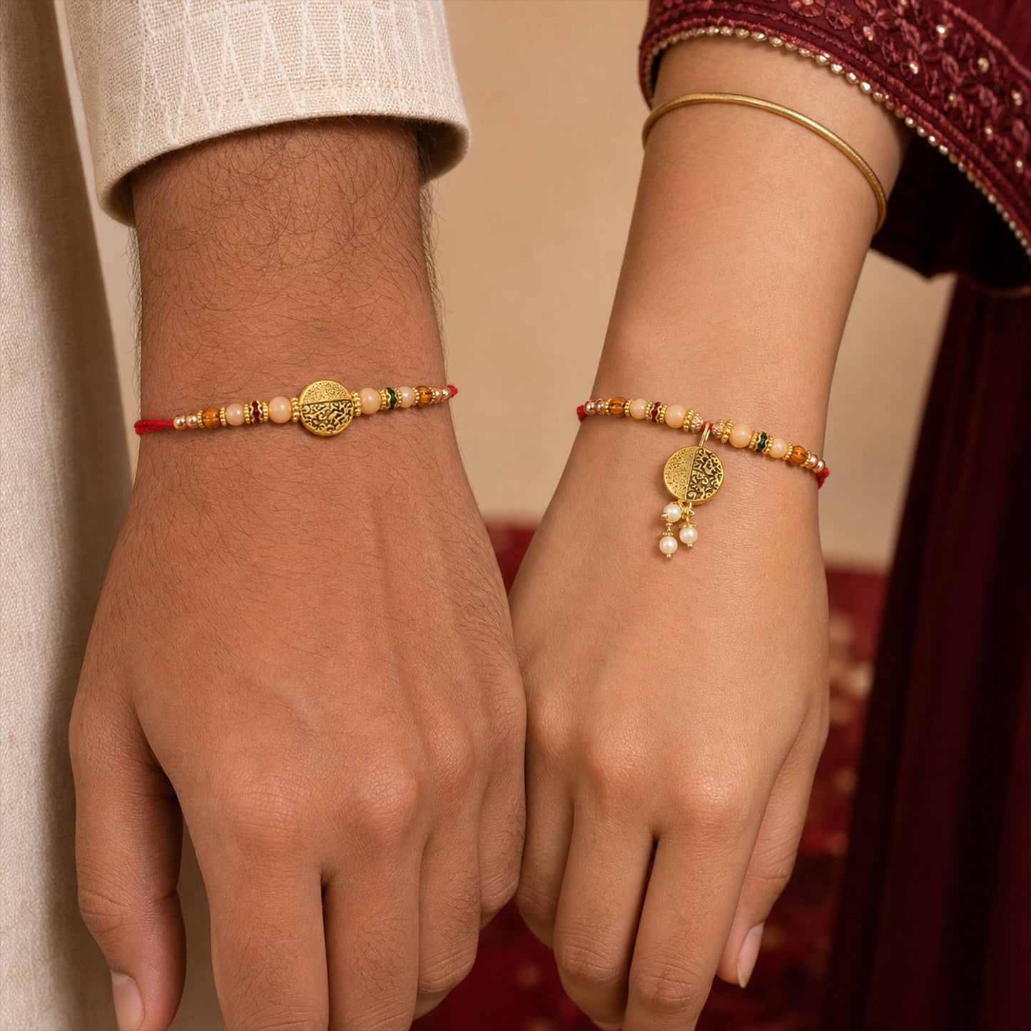 Couple Rakhi with Gold Coin Charm, Pearl Drop and Multicolor Bead Accents