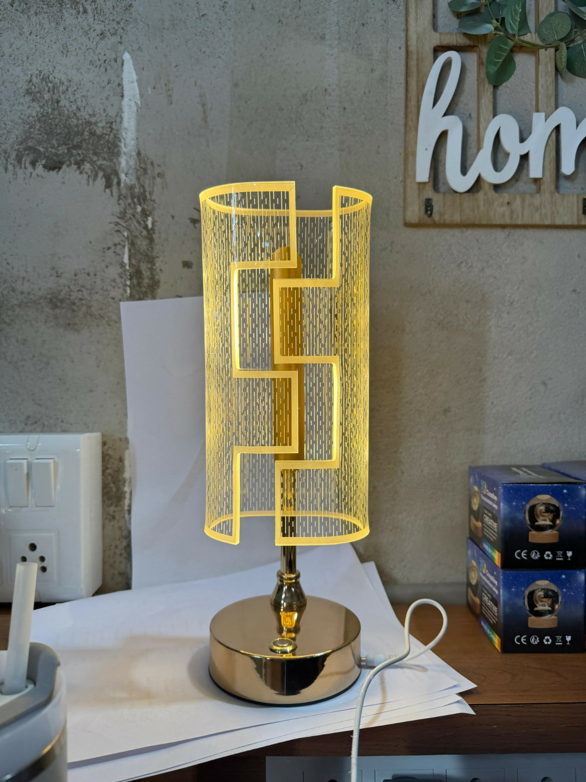 Premium Geometric LED Table Lamp for Home Décor | Modern Gold Metal Body with Designer Cut-Pattern Shade | Warm Ambient Light for Bedroom, Living Room & Office | Stylish Decorative Bedside Night Lamp for Gifting & Decoration