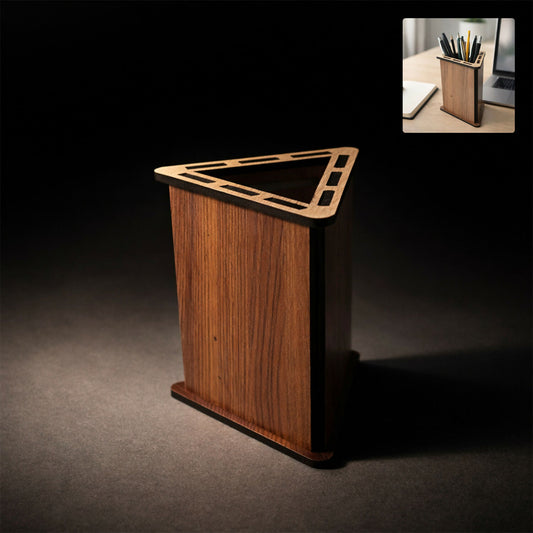 Triangular Wooden Pen Stand for Office Desk & Study Table – Compact Desktop Size