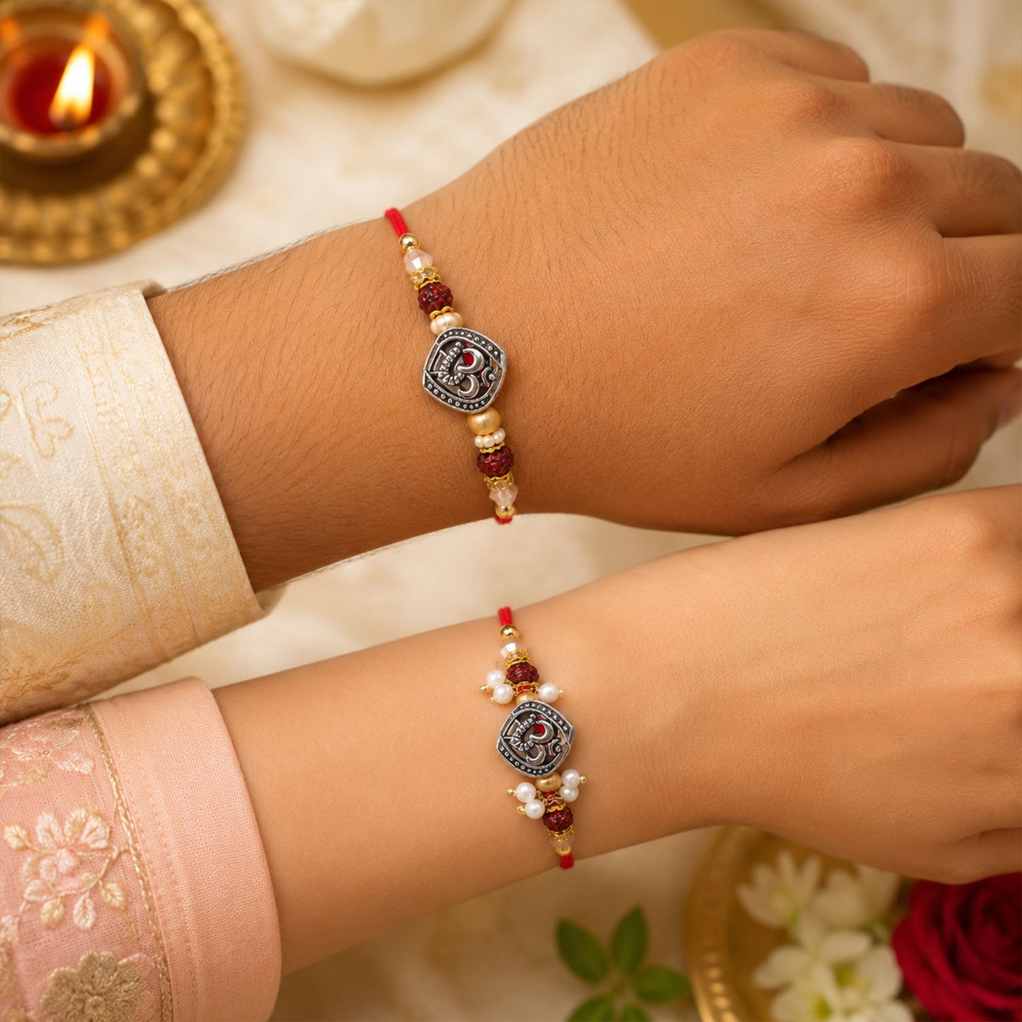 Om Face Designer Rakhi Set for Brother & Couple Rakhi with Pearl Beads and Red Thread
