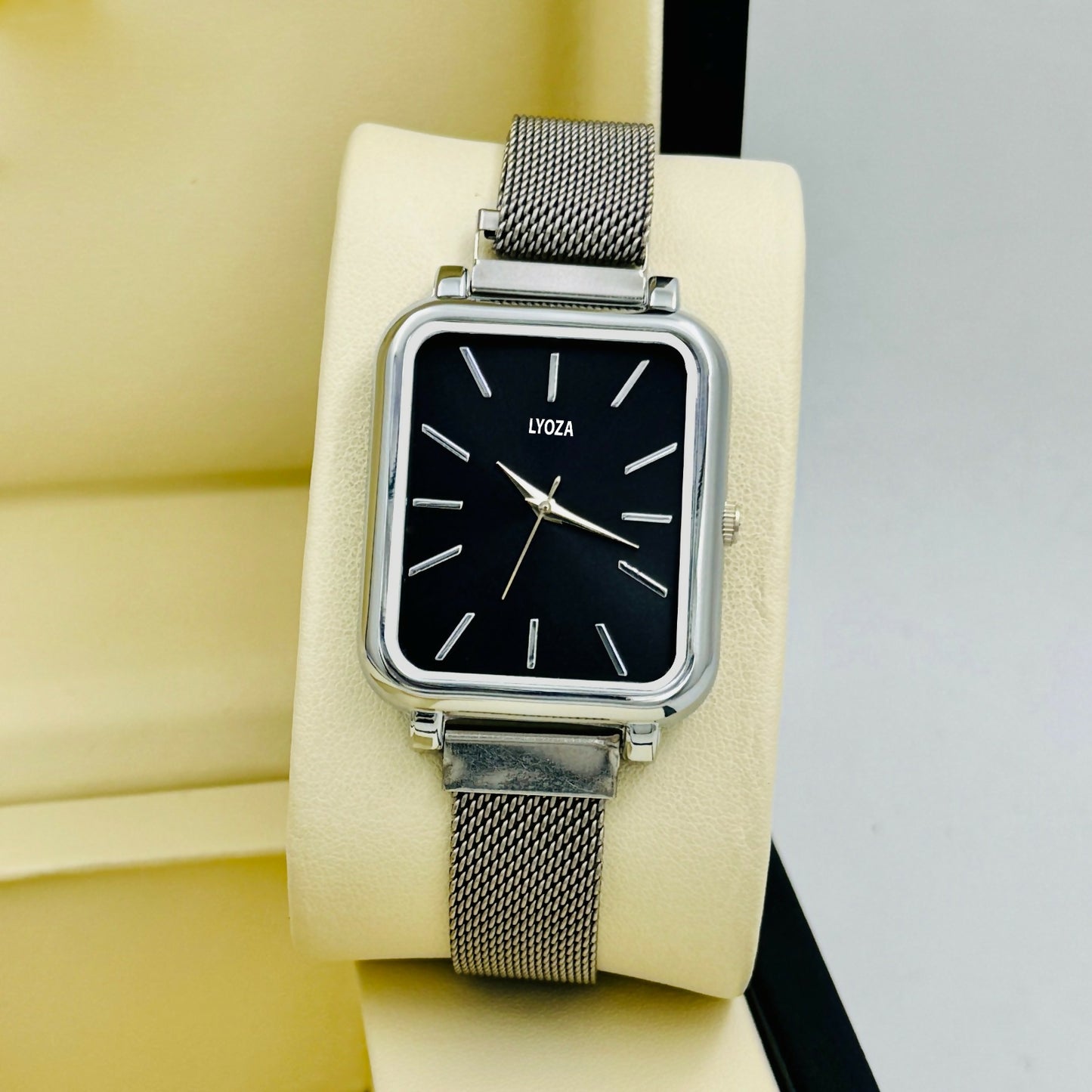Silver Square Analog Watch with Mesh Strap