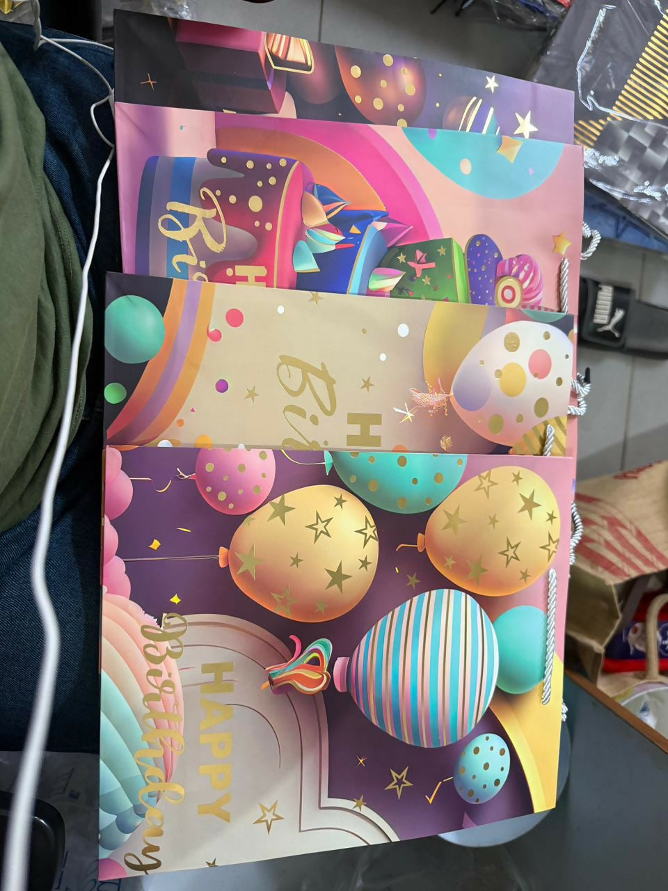 Close-up of paper texture and design on Happy Birthday gift bag