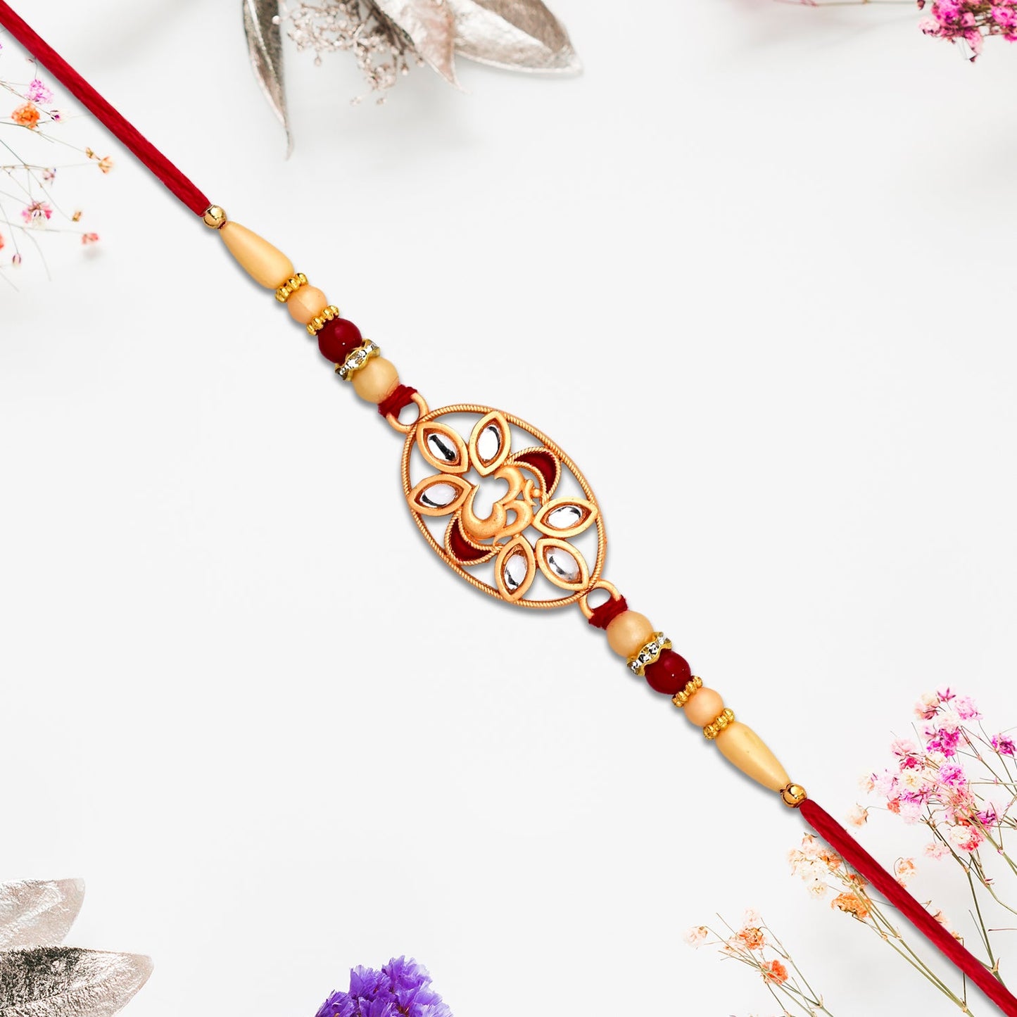 Om Kundan Rakhi Elegant Pearl Bead Design for Brother (10pcs)