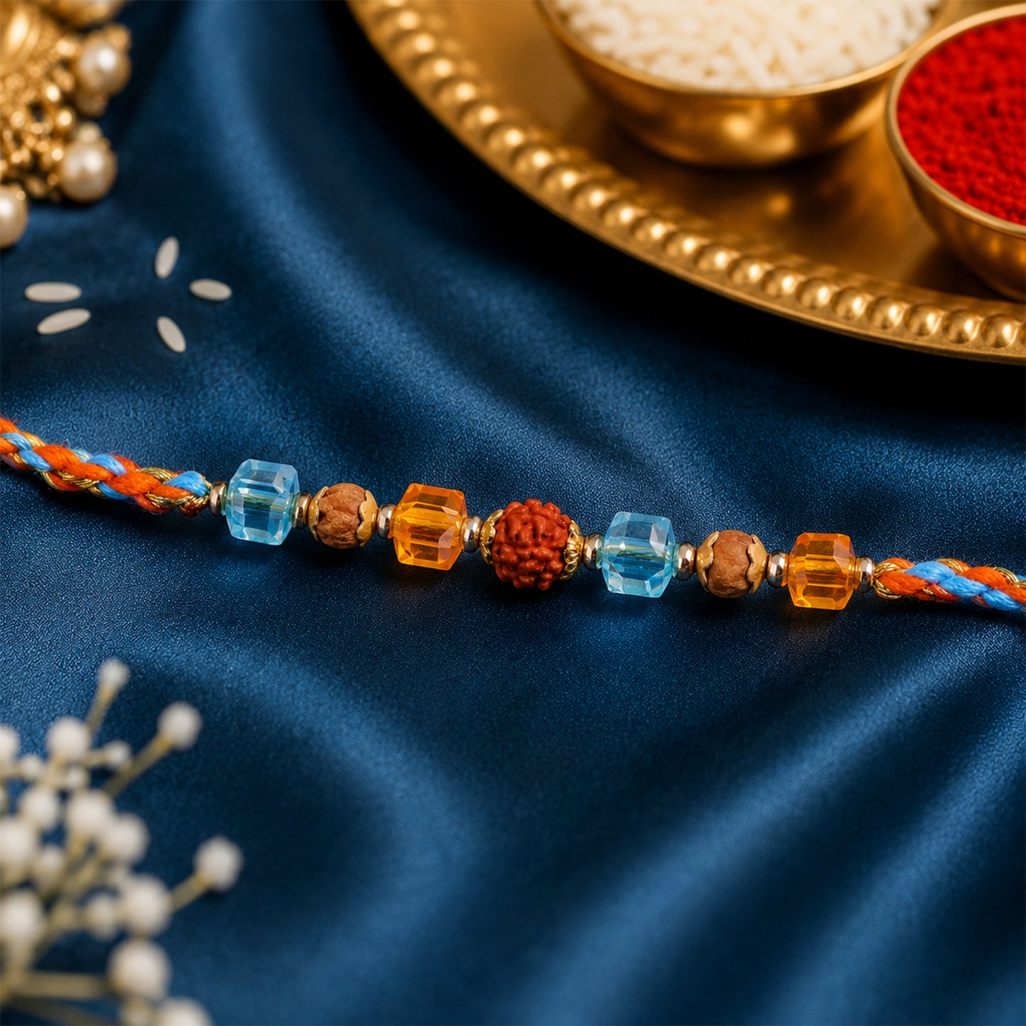 Blue Beaded Bracelet Rakhi with Golden Spacers and Colorful Festive Charm