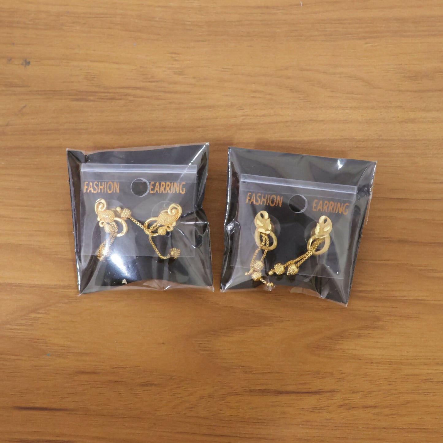 Chic Gold Chain Drop Earrings with Triple Hanging Beads and Sculpted Top Deign (2 Pair)