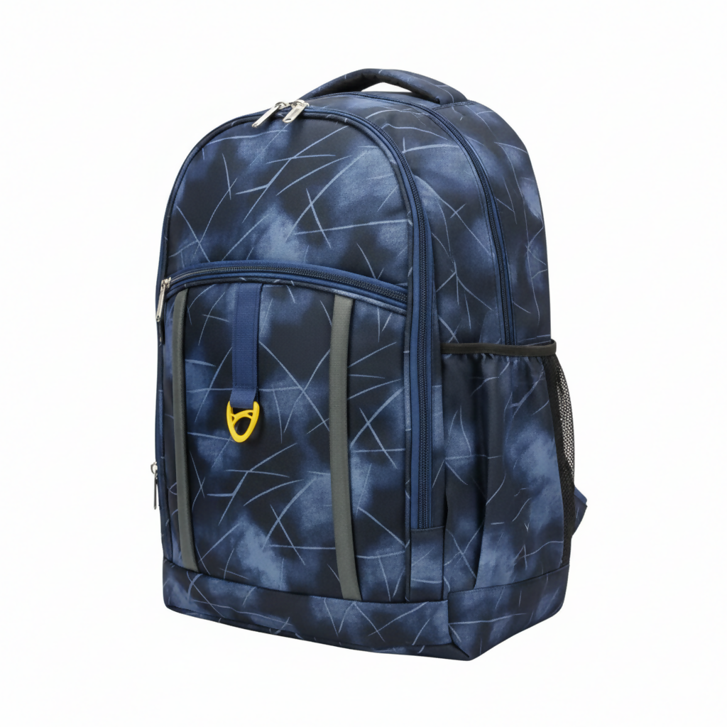 Multi-pocket laptop backpack open to reveal padded laptop compartment and main storage