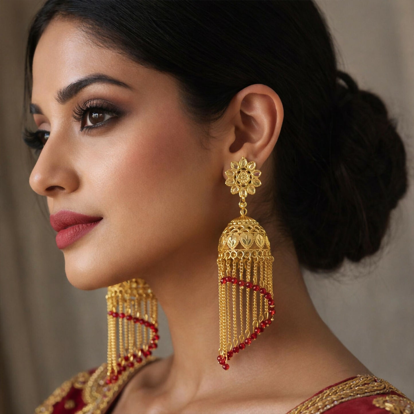 Traditional Gold Tone Double Jhumka Drop Earrings Floral Stud Ethnic Dangle Earrings for Women
