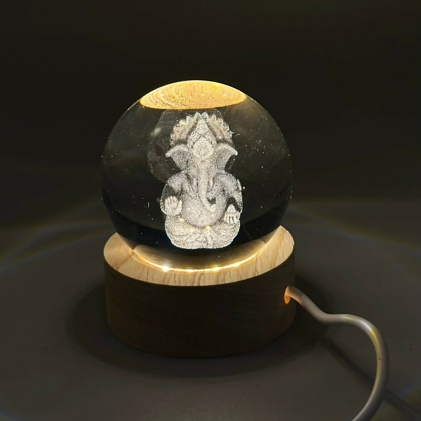 Ganesh 3D Crystal Ball LED Lamp with Wooden Base | USB Powered Night Light for Home Temple, Bedroom & Office | Spiritual Decorative Lamp for Gifting, Housewarming, Diwali & Meditation Décor