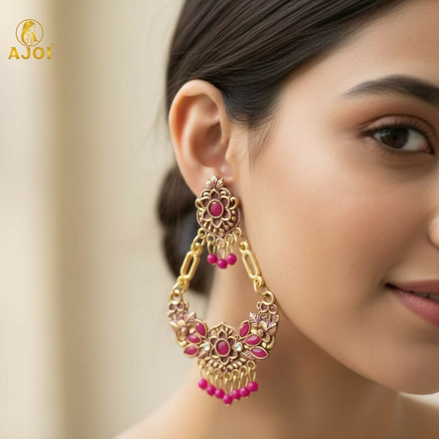 Antique Gold-Plated Pink Stone Floral Chandbali Earrings for Women