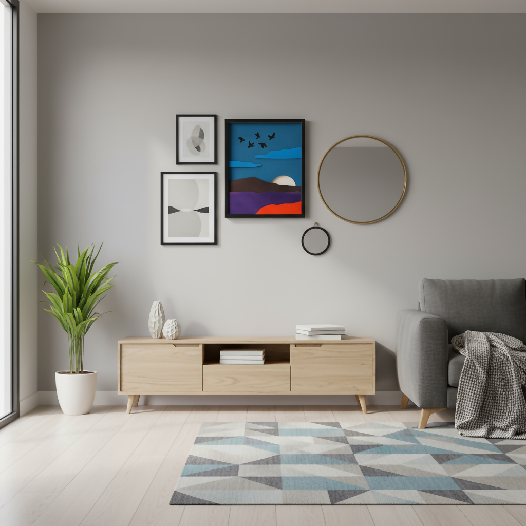 Handcrafted Wooden Mountain Wall Art – Nature Scene with Sun, Clouds & Birds | Minimal Landscape Wooden Frame | Eco-Friendly Wall Decor for Home & Office