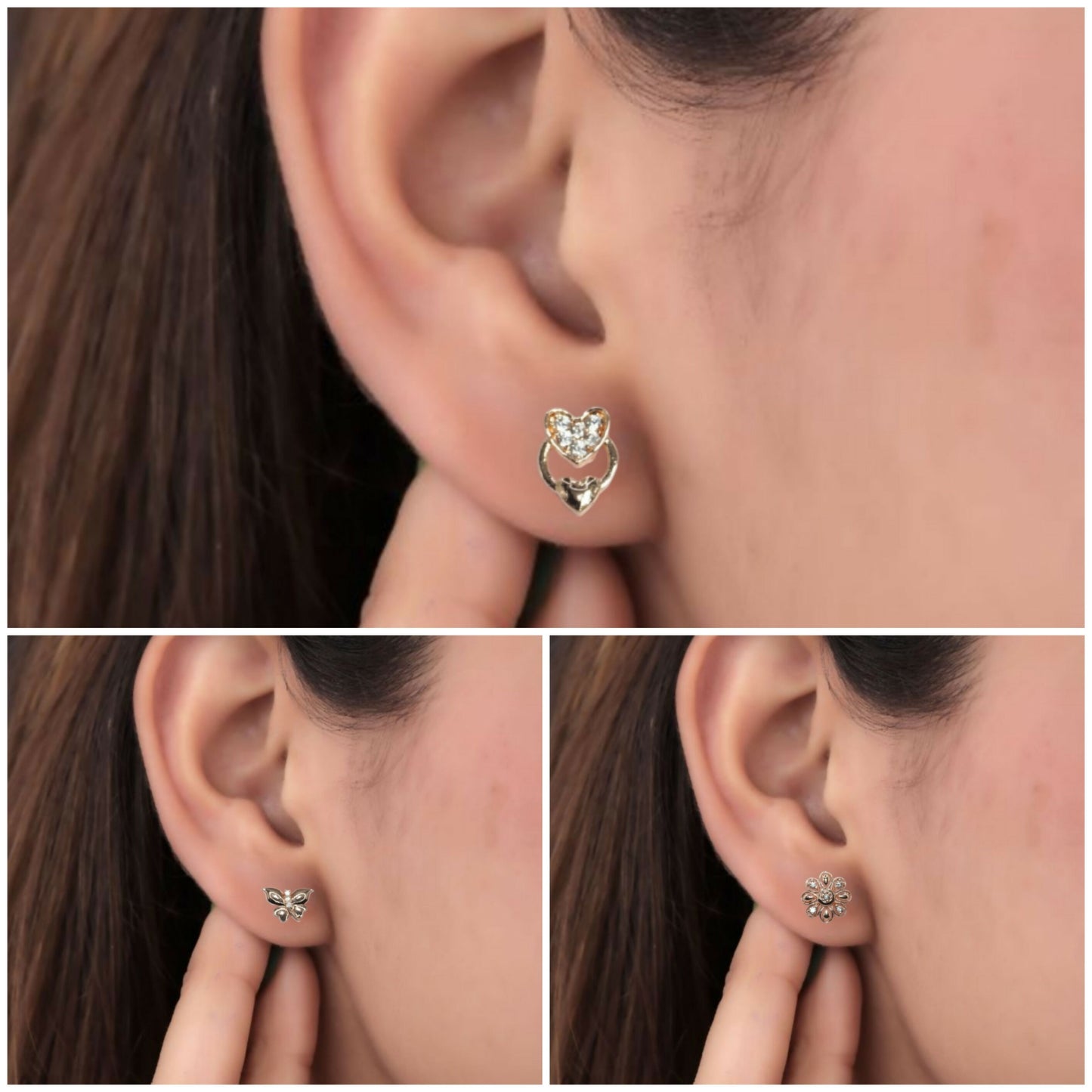 Rose Gold Plated AD Diamond Studs: Heart, Butterfly & Flower for women and girls Combo Pack of 3