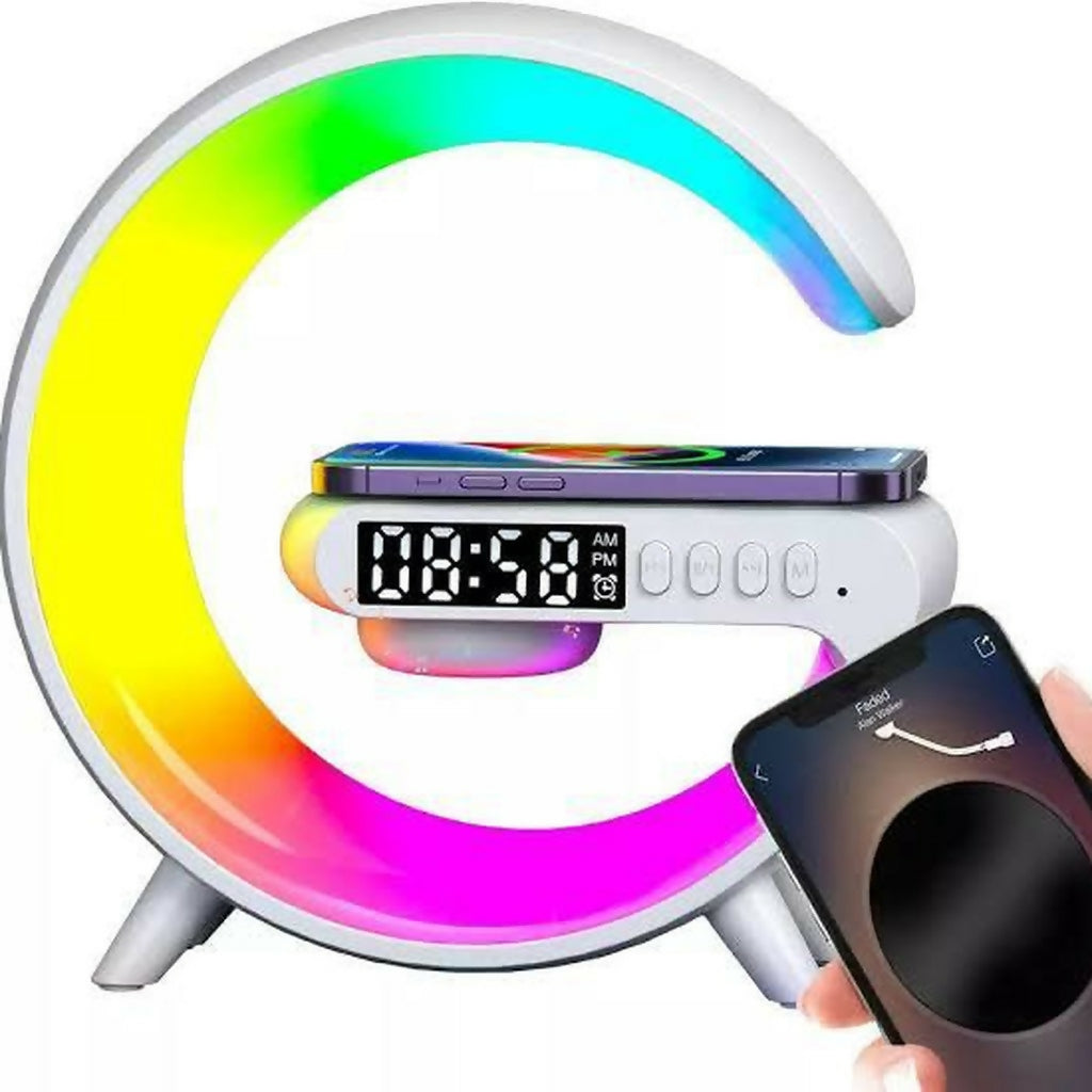 Smartphone wirelessly charging on RGB speaker lamp