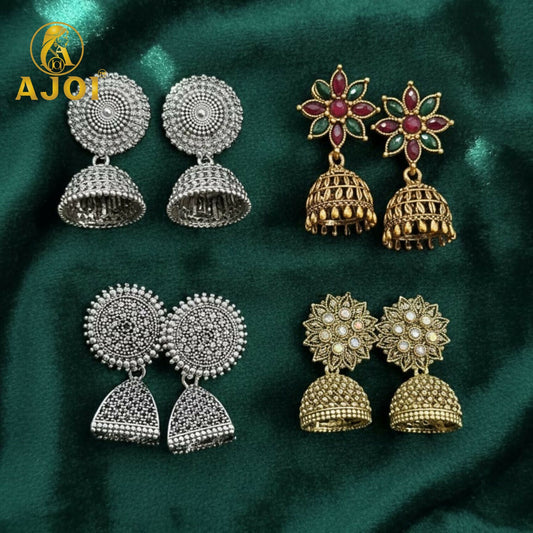Royal Heritage Stud Earrings combo featuring oxidized silver and antique gold finishes with traditional floral motifs