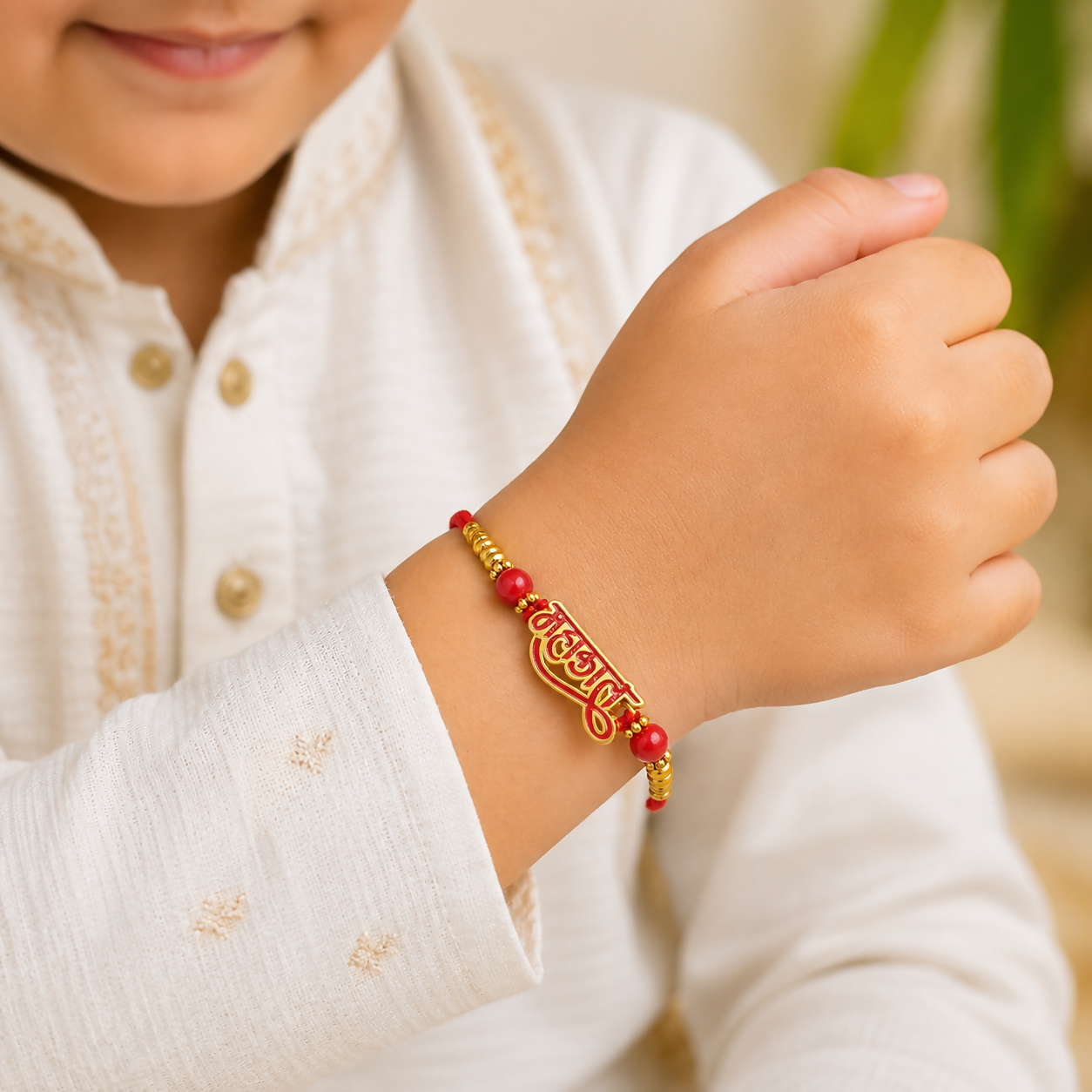 A child's arm in a white and gold embroidered shirt wears a red thread with a gold and red Mahakal calligraphy charm, red