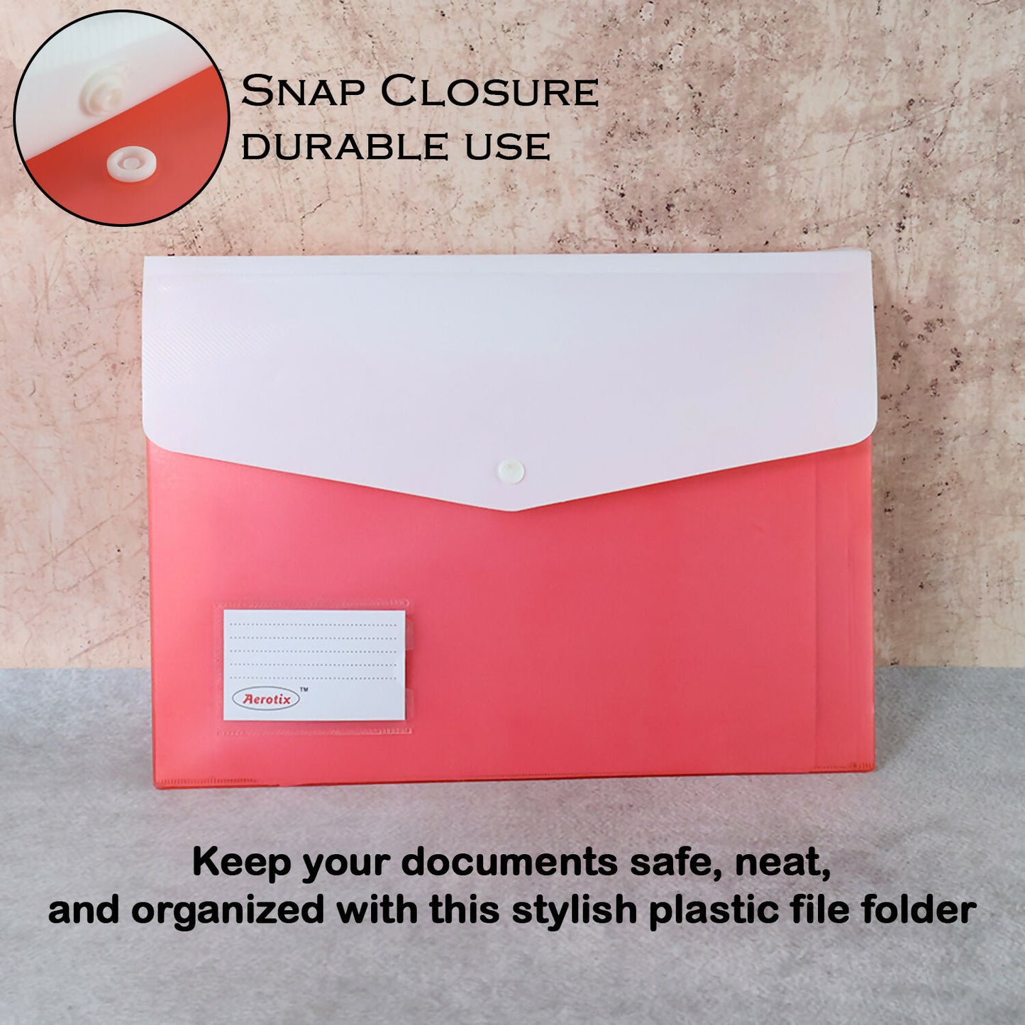 Mix Design A4 Plastic Document Folder – Button Closure File with Label Slot for Office & School (1 Pc)