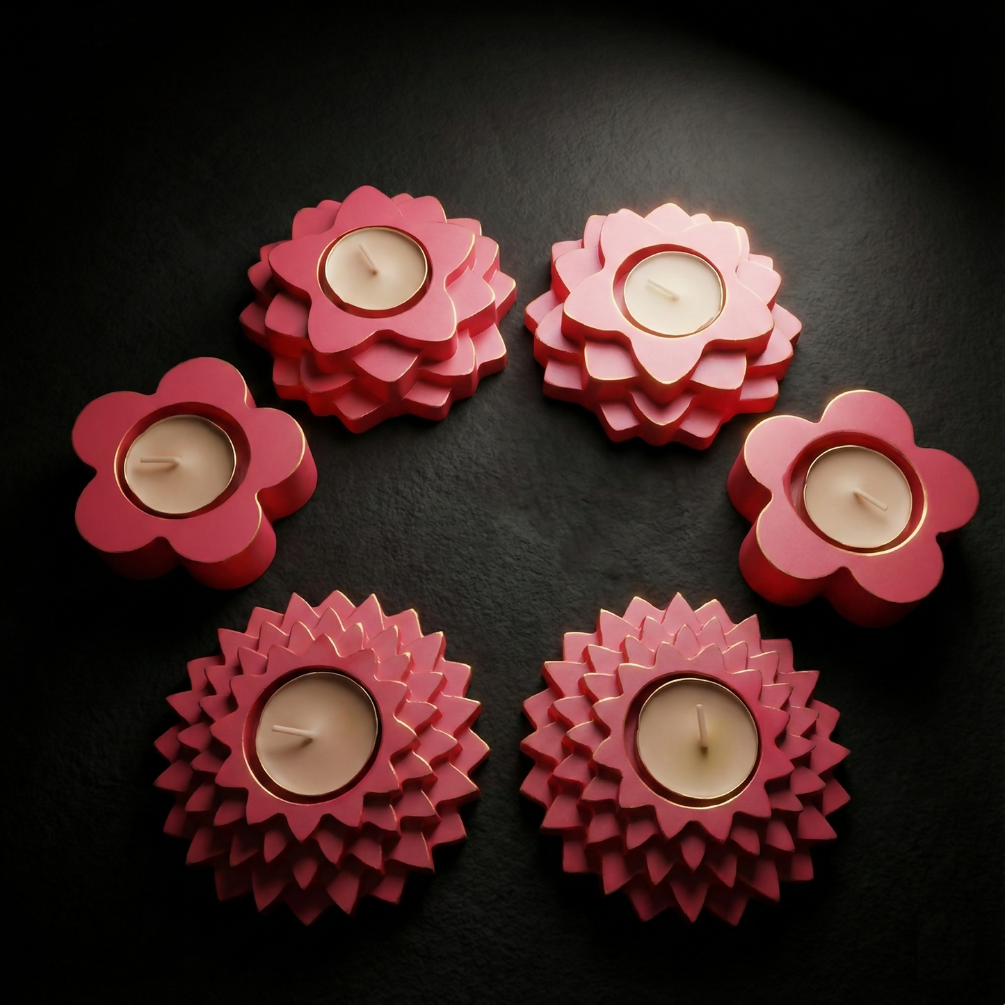 5-Step, 4-Step, Flower shaped combo gypsum articles – Multi-Purpose Candle Holder, Dhoop Cone Stand, Pooja Diya & Mini Planter (Pack of 6 - Rose Gold, Metallic Pink)