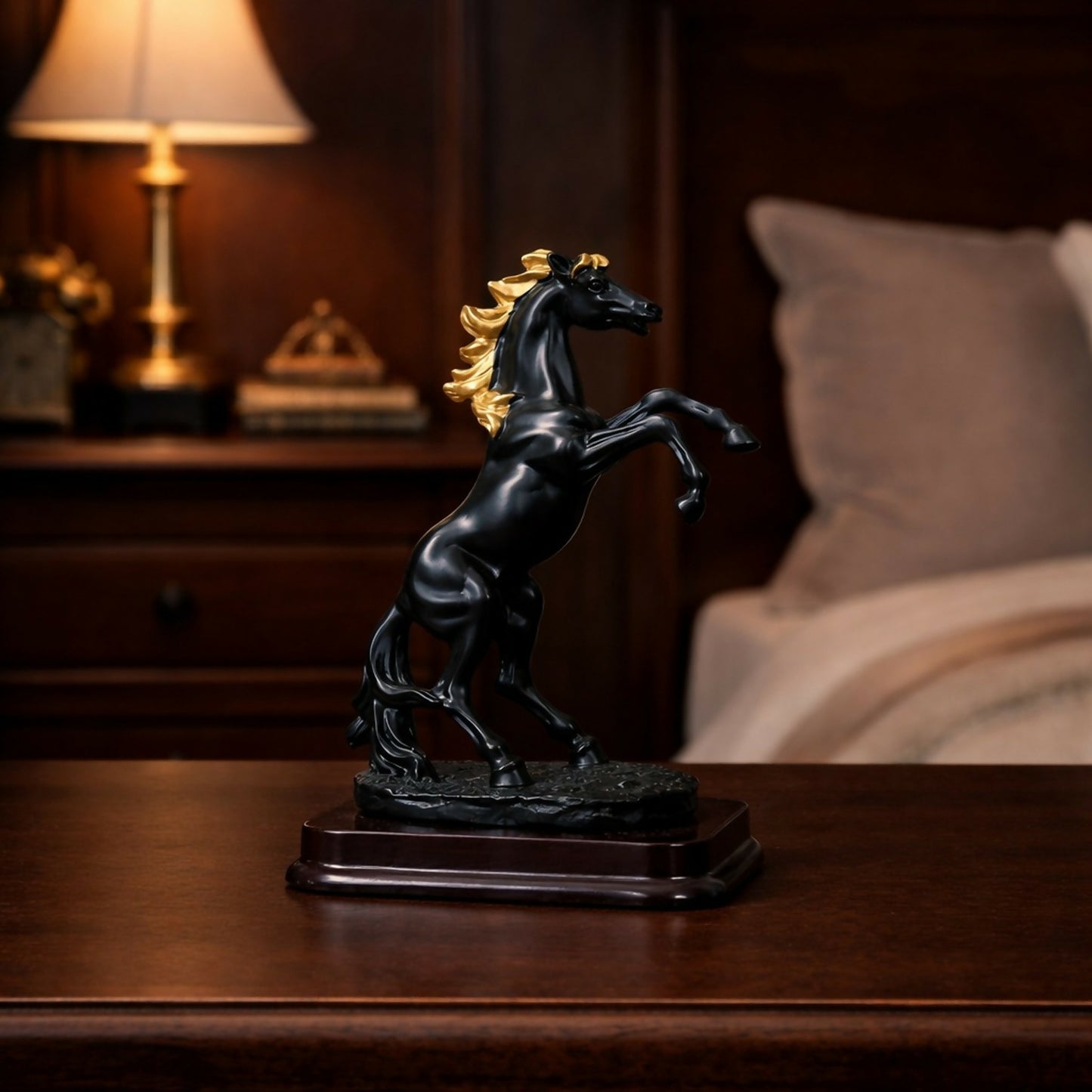 Black Horse poly-resin Showpiece with Golden Mane for Home Decor | Lucky Horse Statue