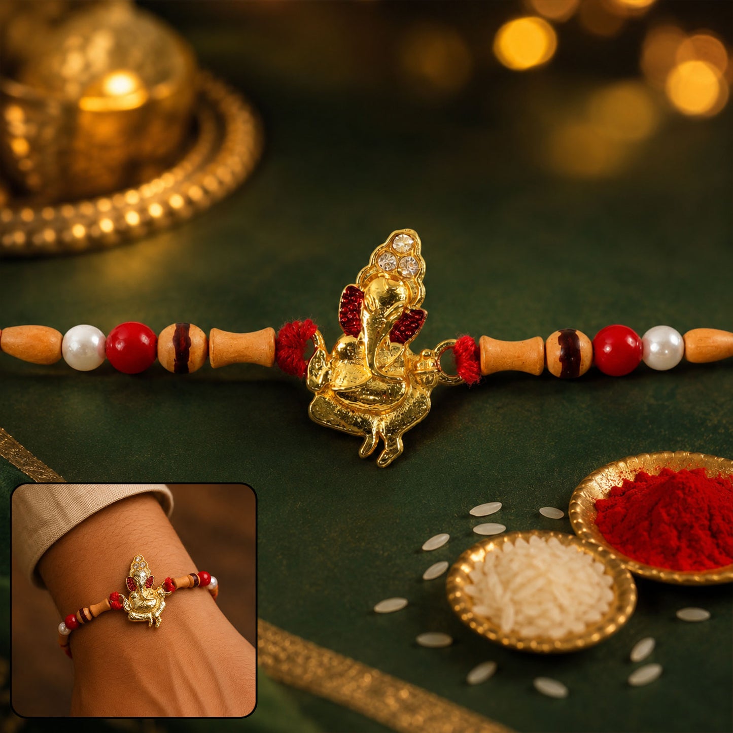 Gold Ganesh Charm Rakhi with Wooden Beads and Pearl Accents
