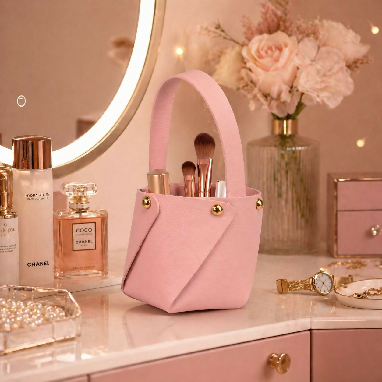 Pink mini bucket handbag front view with studded handle