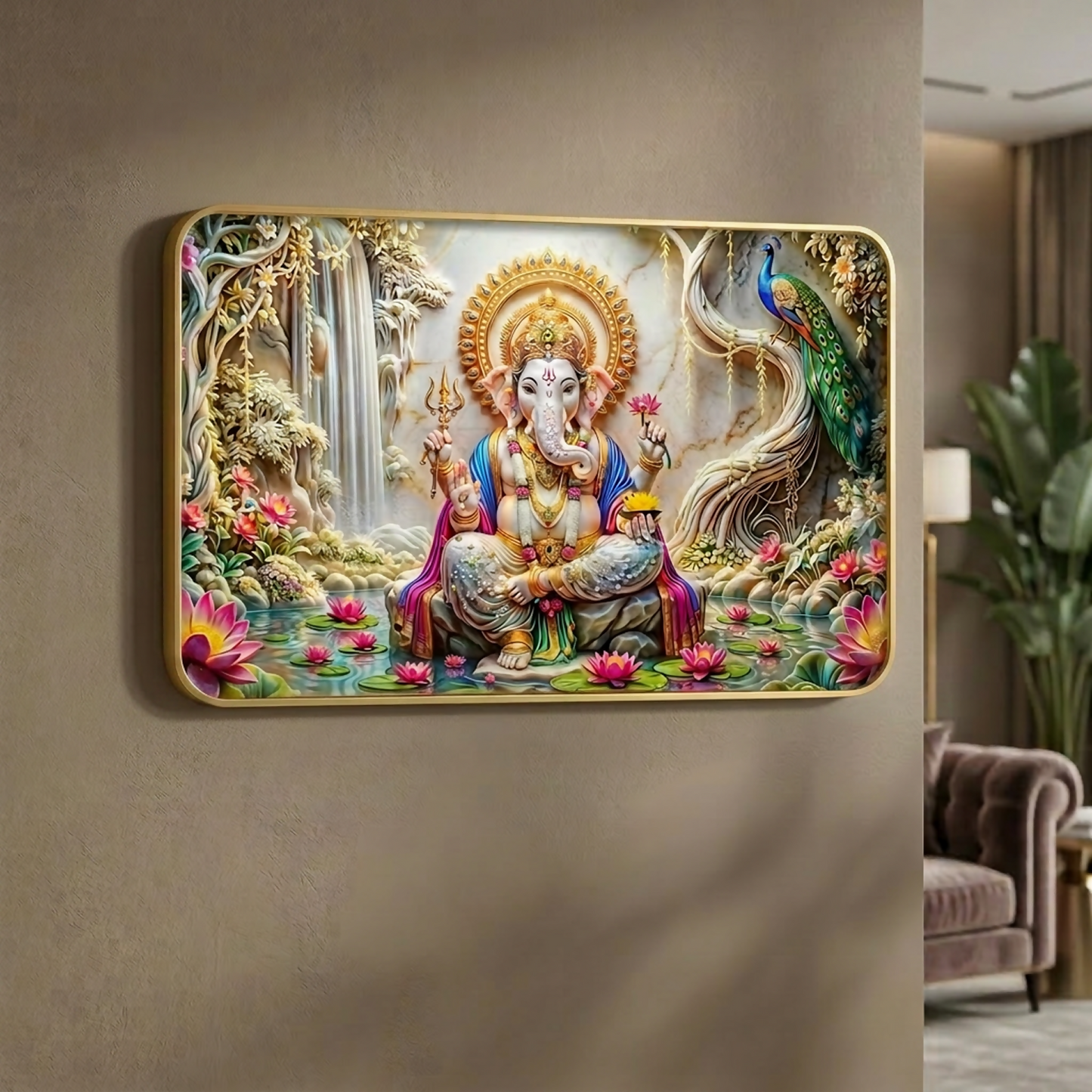 Premium Lord Ganesha Wall Art Frame | Luxury Golden Frame Home Decor