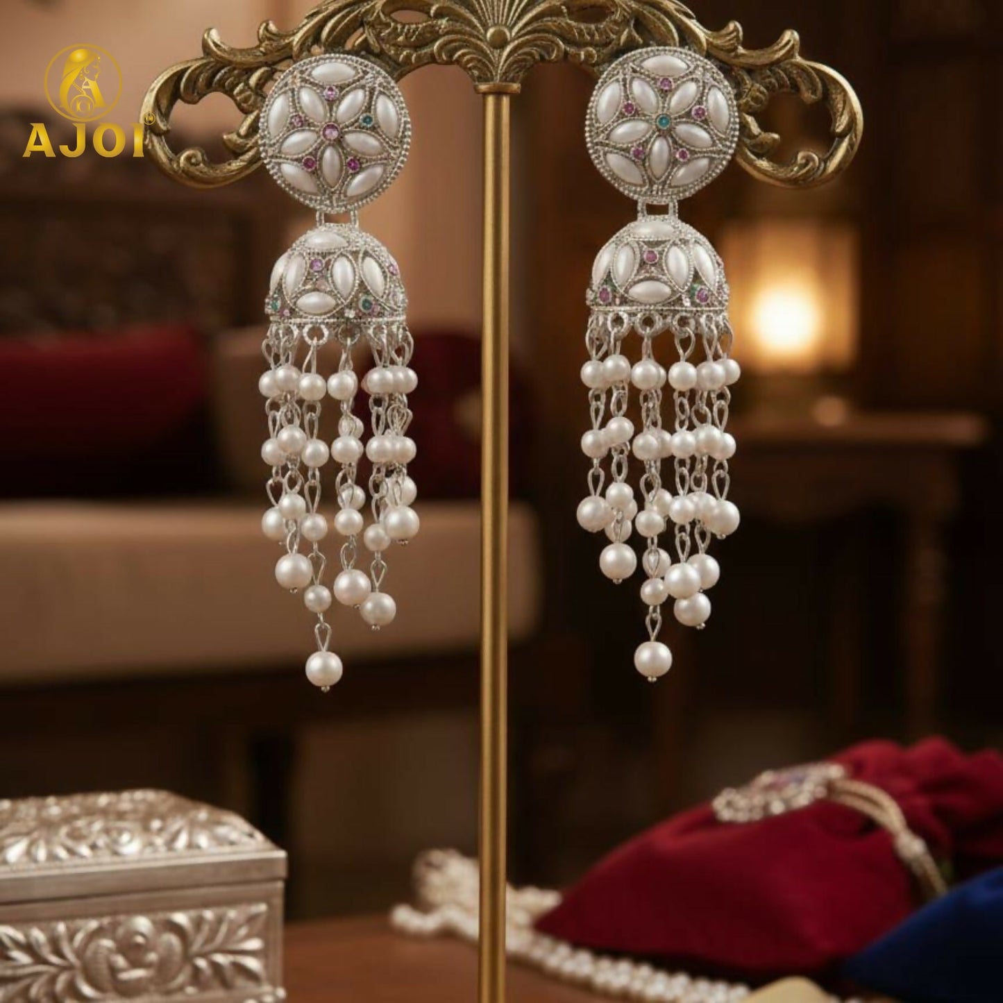 Luxury Handcrafted Pearl Chandelier Jhumka Earrings with Floral Studs & Cascading Pearl Drops
