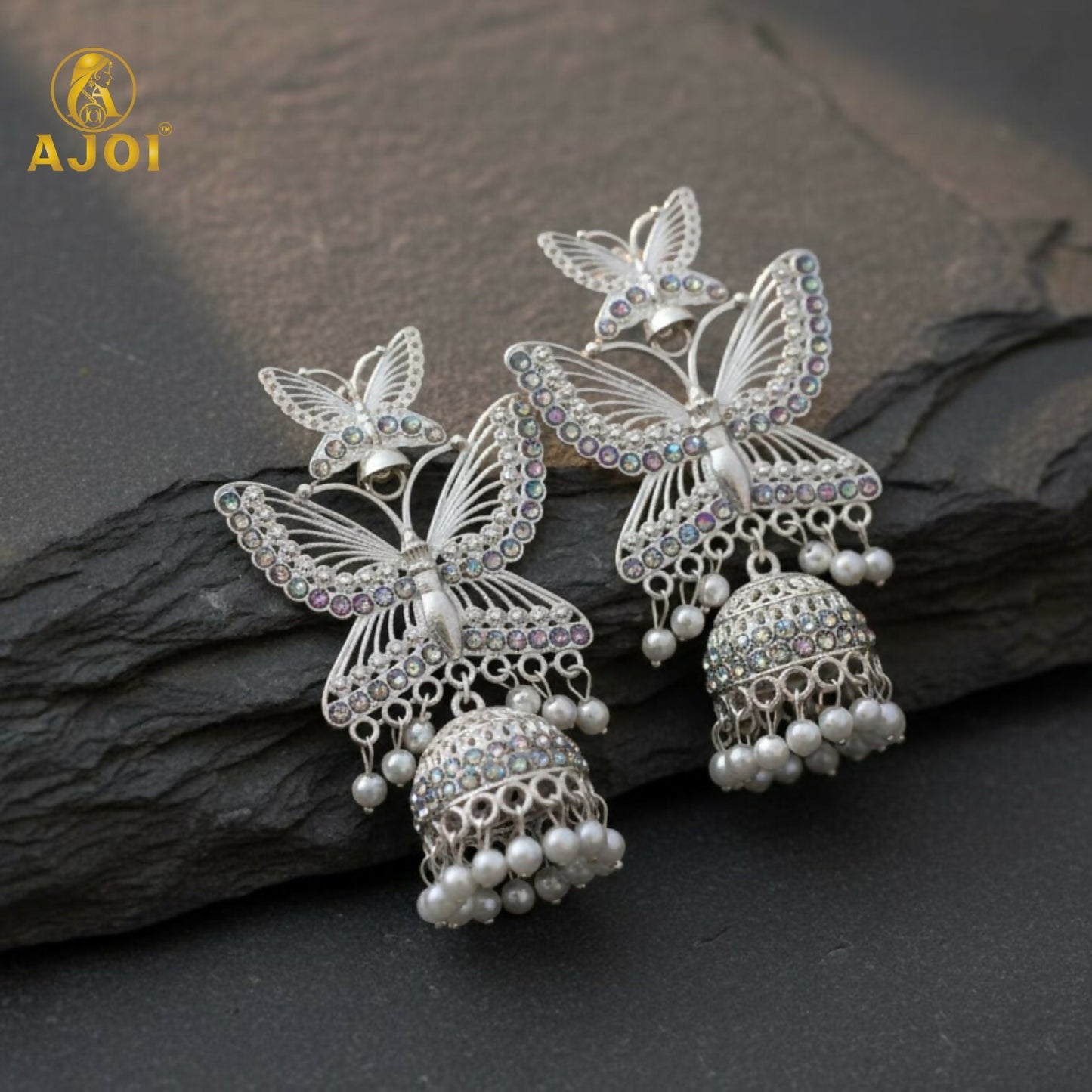 Silver Plated Butterfly Designer Jhumka Earrings with Pearl Drops for Women & Girls