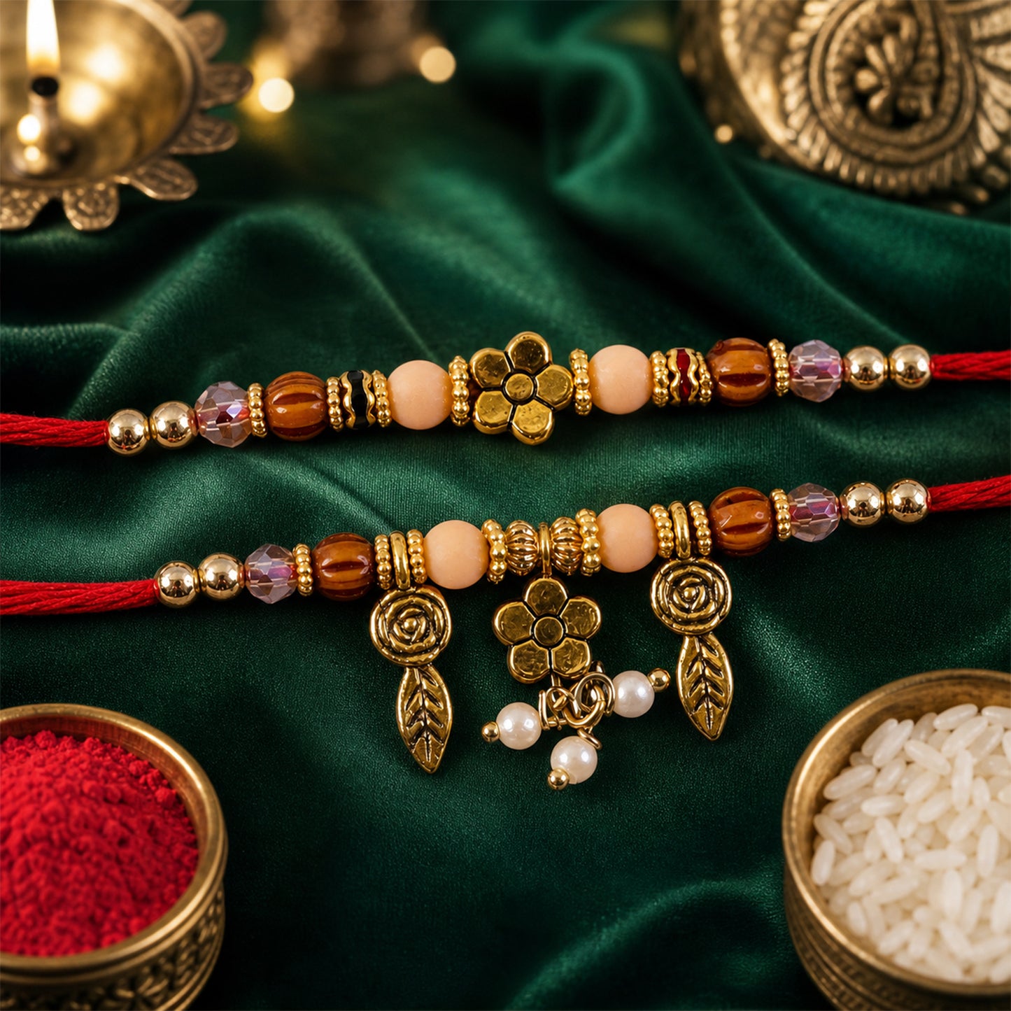 Floral Rose Lumba Couple Rakhi Set with Peach and Wooden Beads for Bhaiya Bhabhi