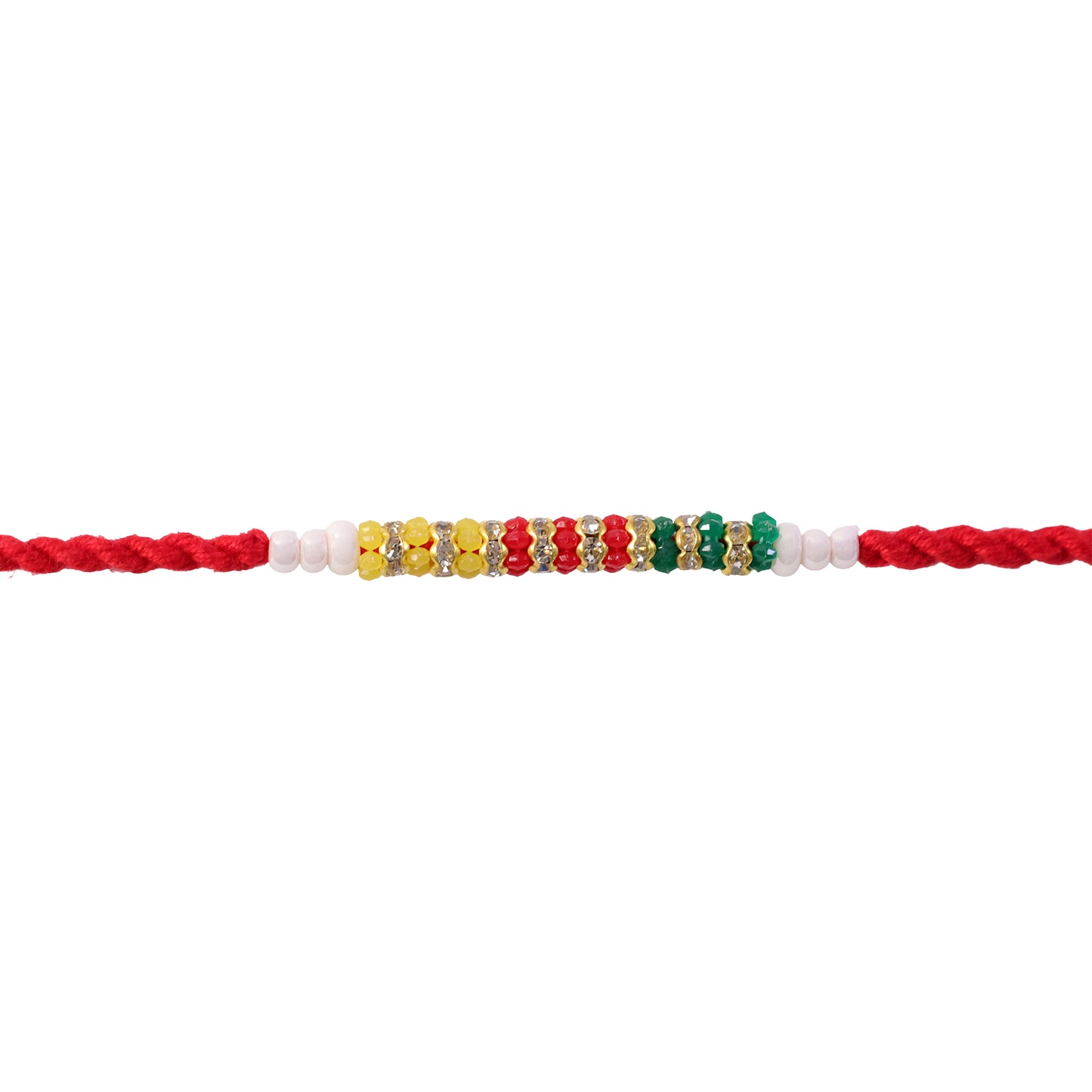 Red Braided Rakhi with Green, Yellow and White Bead Pendant Row