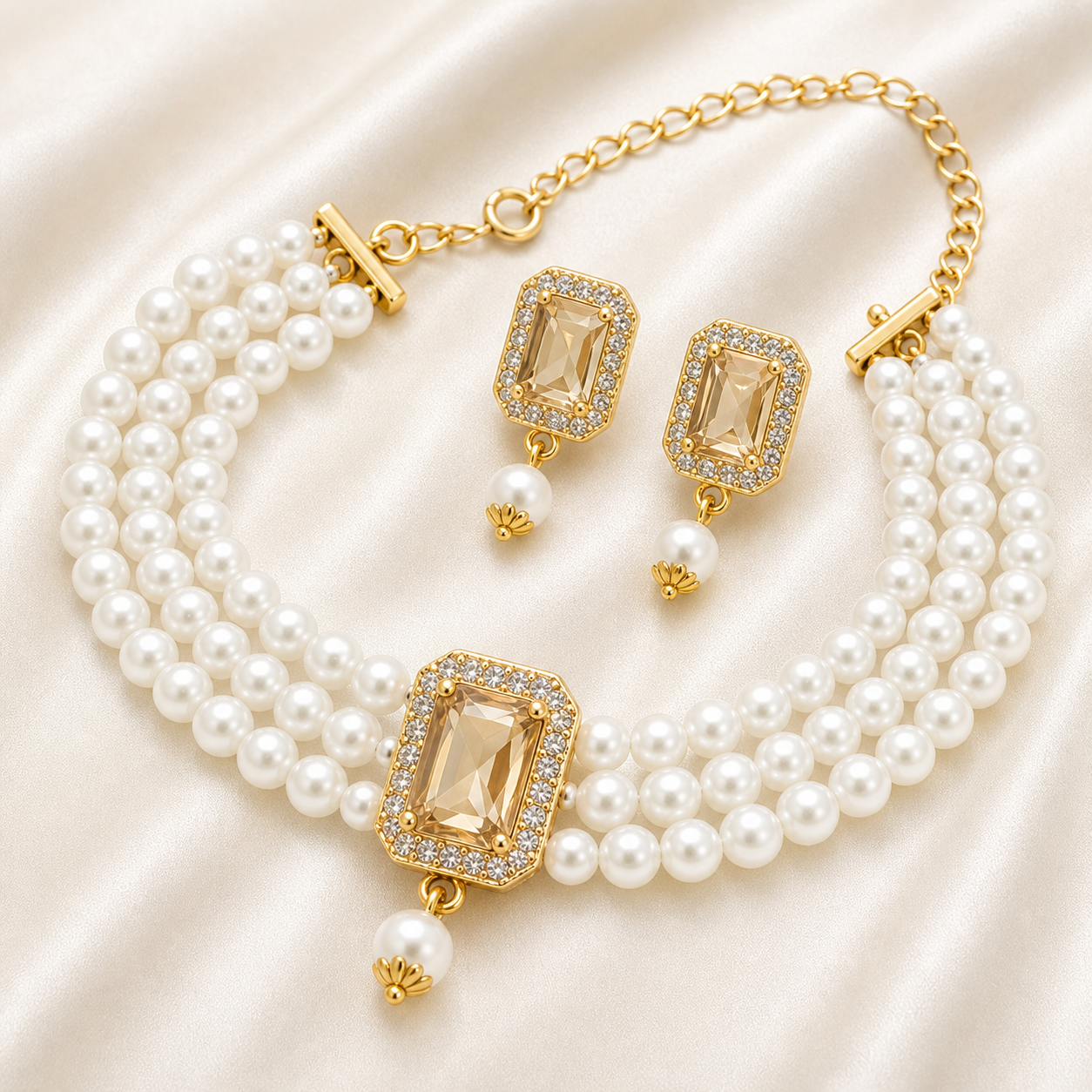 Luxury Pearl Choker Necklace Set with Champagne Crystal Pendant & Stud Earrings
