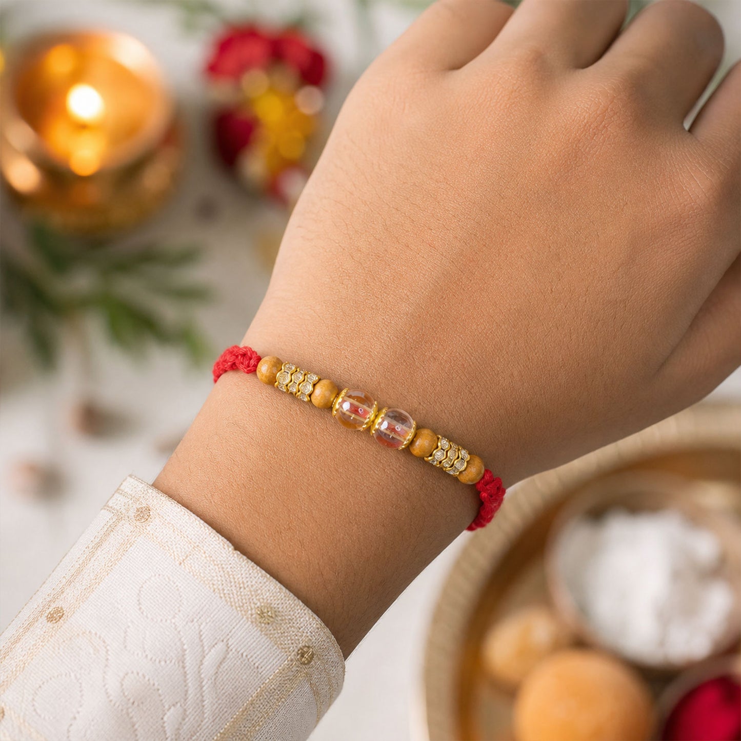 Red Braided Rakhi with Crystal and Natural Wooden Bead Accents