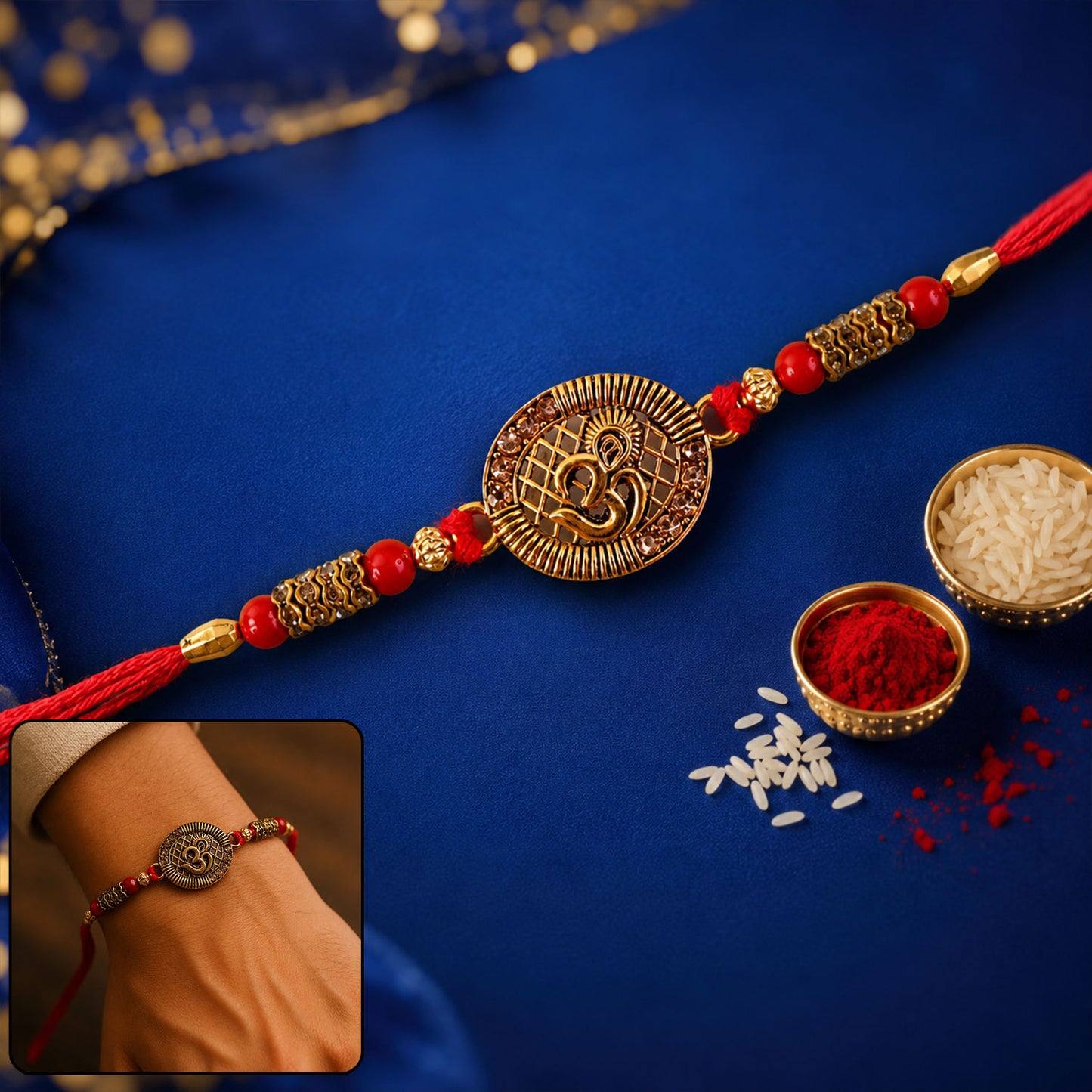 Om Coin Stone Rakhi with Red Beads and Blue Velvet Look