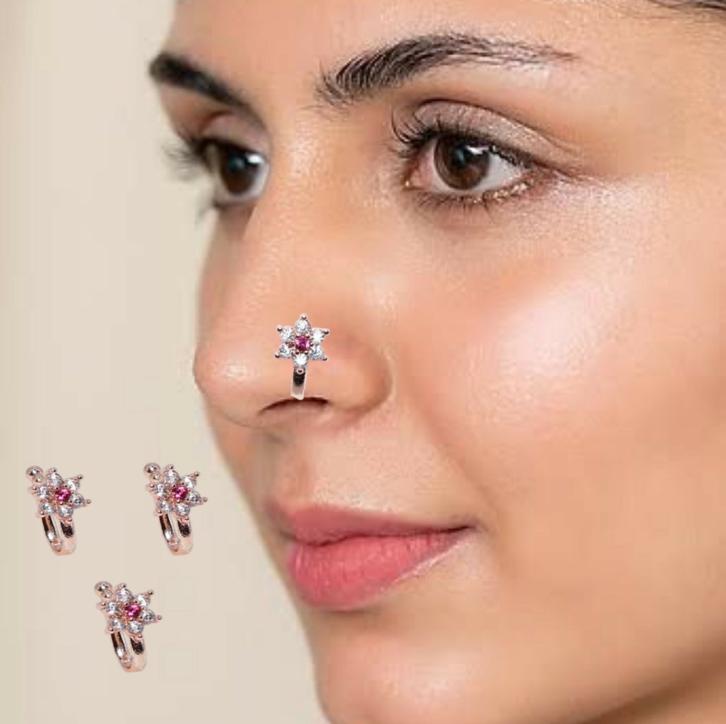 Non-Piercing CZ Stone Nose Clip/Press Fit Nath Combo Combo Pack of 3