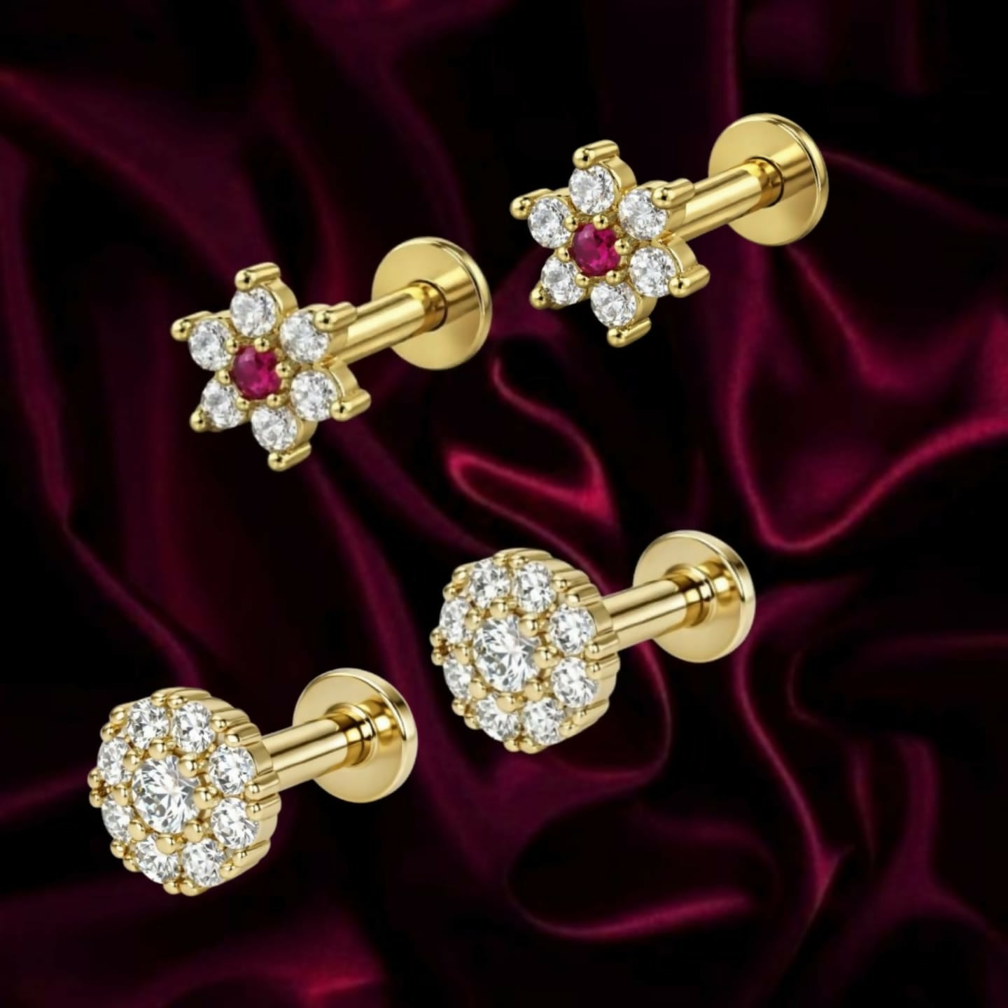 Floral ruby stud earrings with gold plated flat back