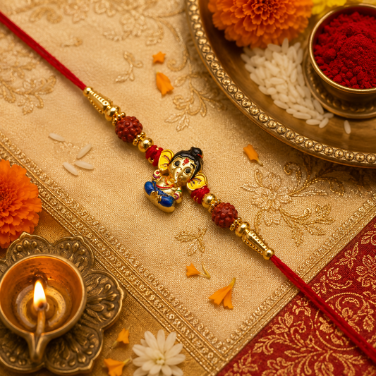 A red thread with a metallic Ganesha charm and red carved beads lies on a gold embroidered fabric, surrounded by flowers and