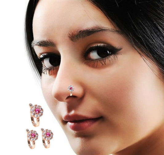 Rose Gold Plated Ruby Floral Non-Piercing Clip-On Nose Pin Combo Pack of 3