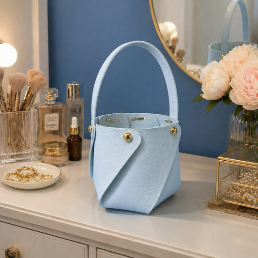Light Blue Mini Handheld Storage Basket Organizer front view