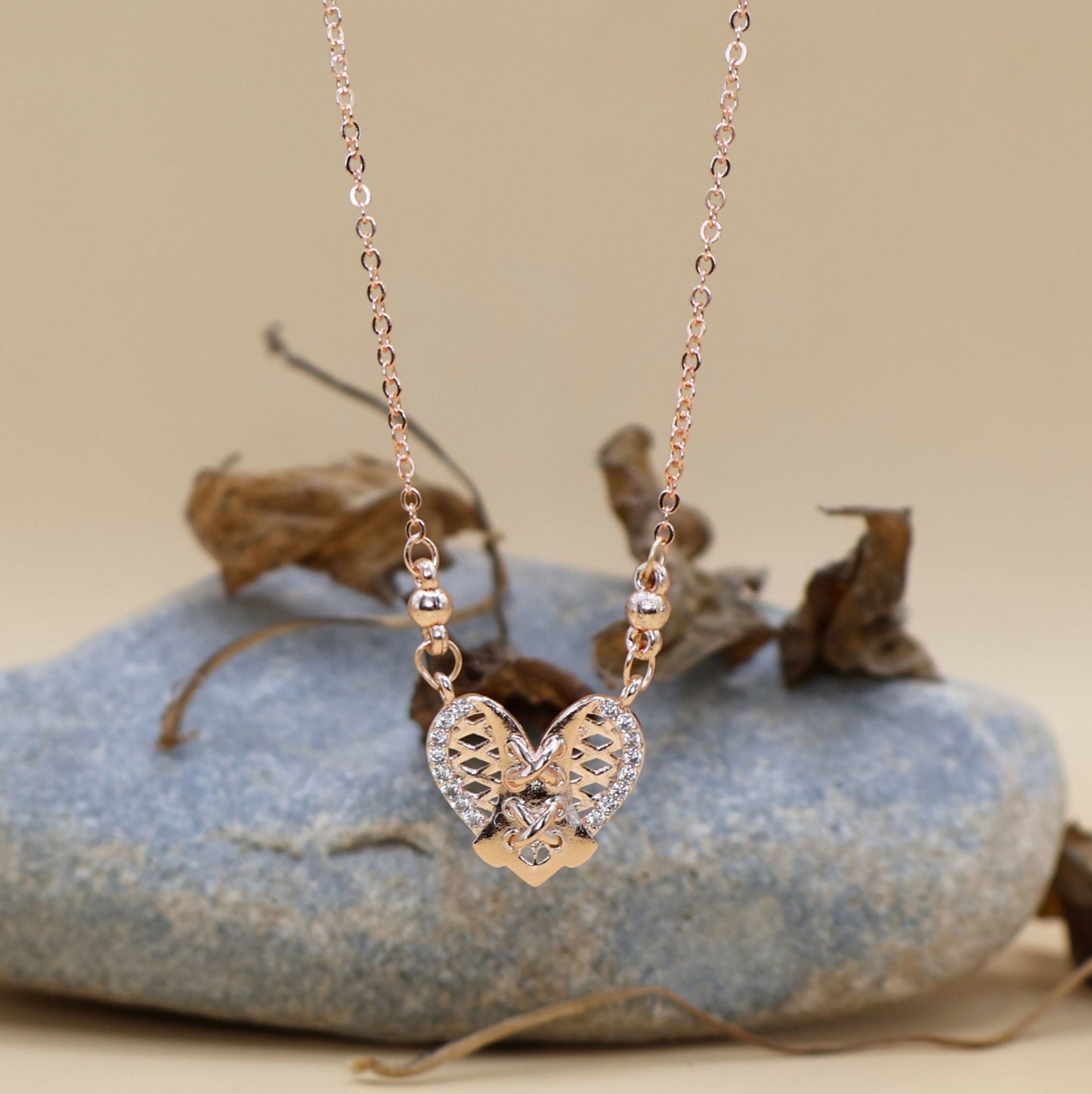 Rose Gold Filigree Heart Pendant Necklace with AD For women and girls