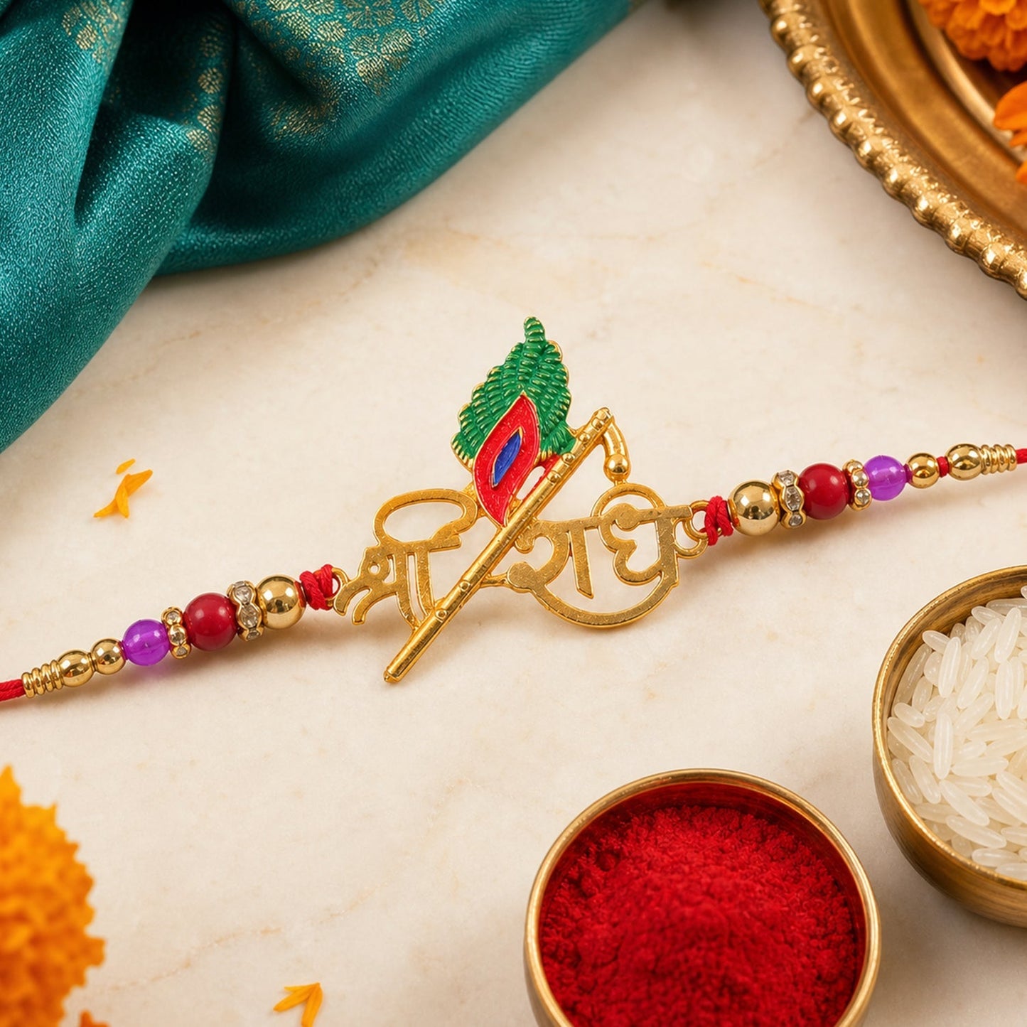 Peacock Feather Shree Radhe Name Style Rakhi for Raksha Bandhan (5pcs)