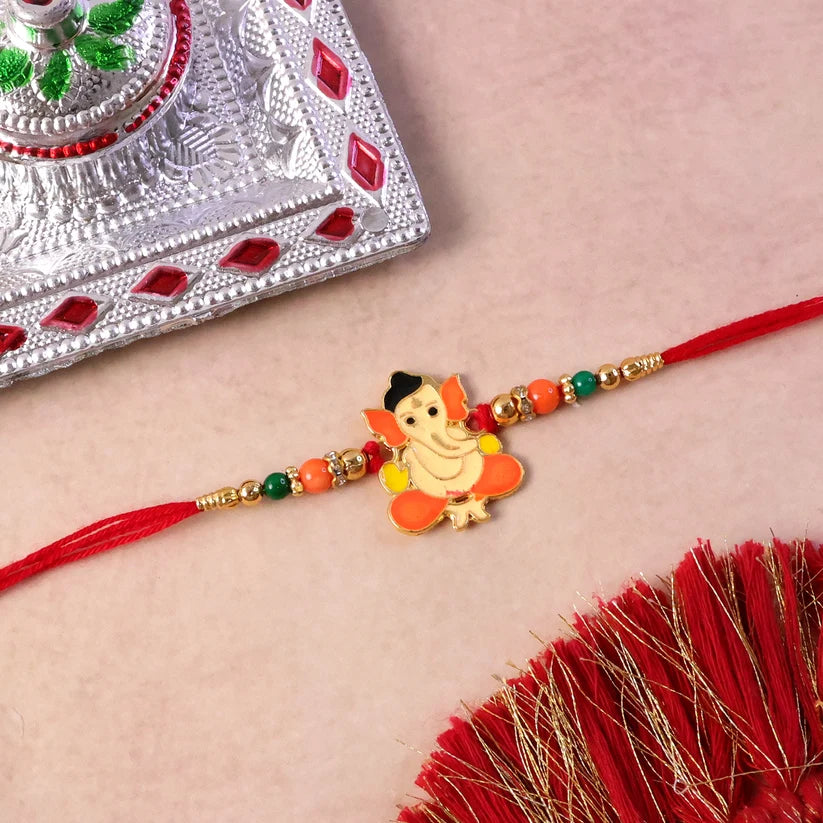 Bal Ganesha Rakhi Vibrant Orange-Green Beads & Red Thread (10pcs)