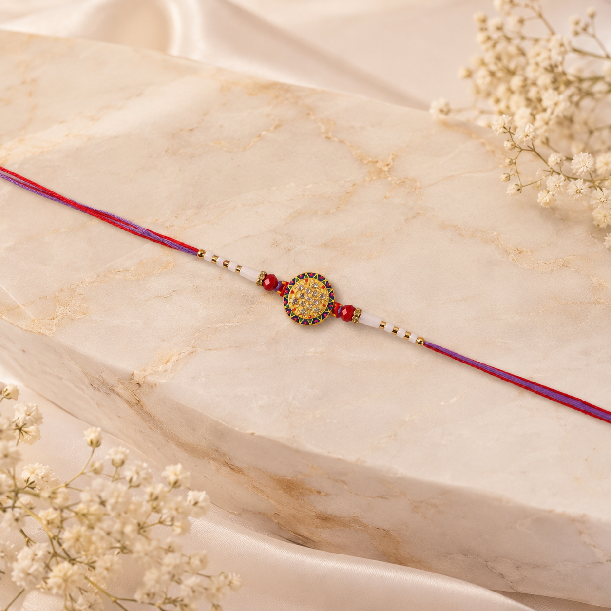 Soft Gold Round Rakhi with White Beads and Dual Color Thread