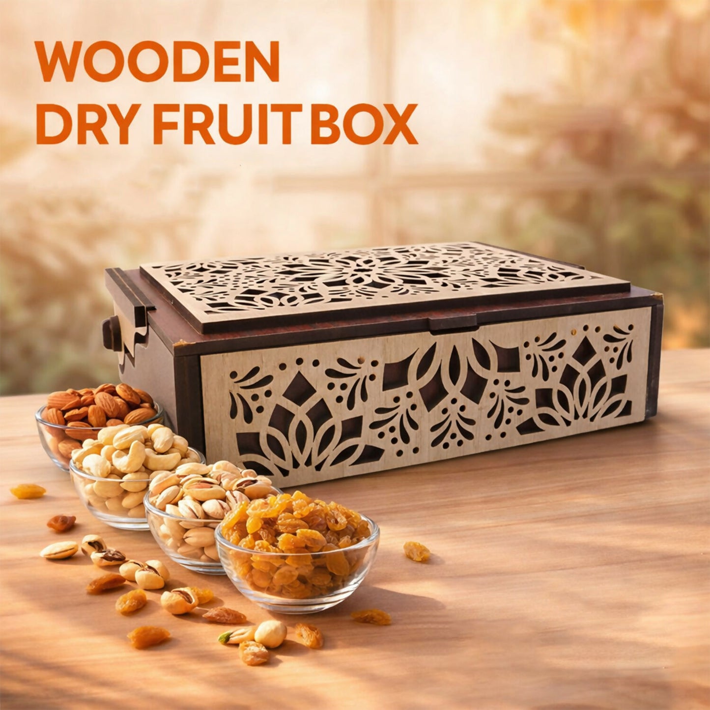 Wooden dry fruit box displayed on dining table with dry fruits
