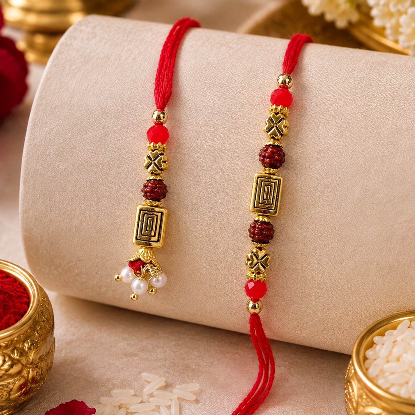 Geometric Spiral Rakhi Pair with Rudraksha Beads for Traditional Couple Gifting Set