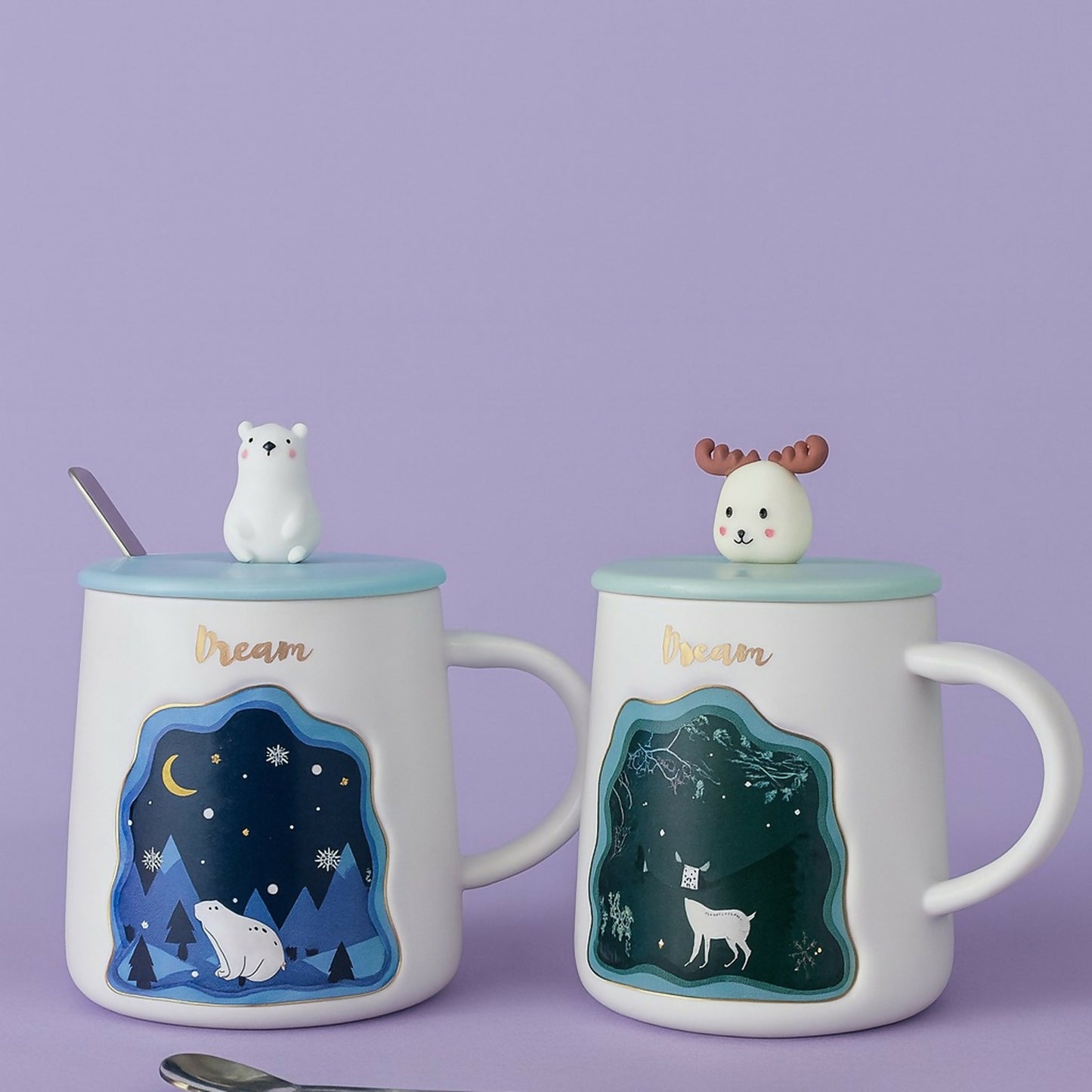 Dream Theme Ceramic Mug with Cute Animal Lid & Spoon for Tea, Coffee & Gifting(Design may vary!)