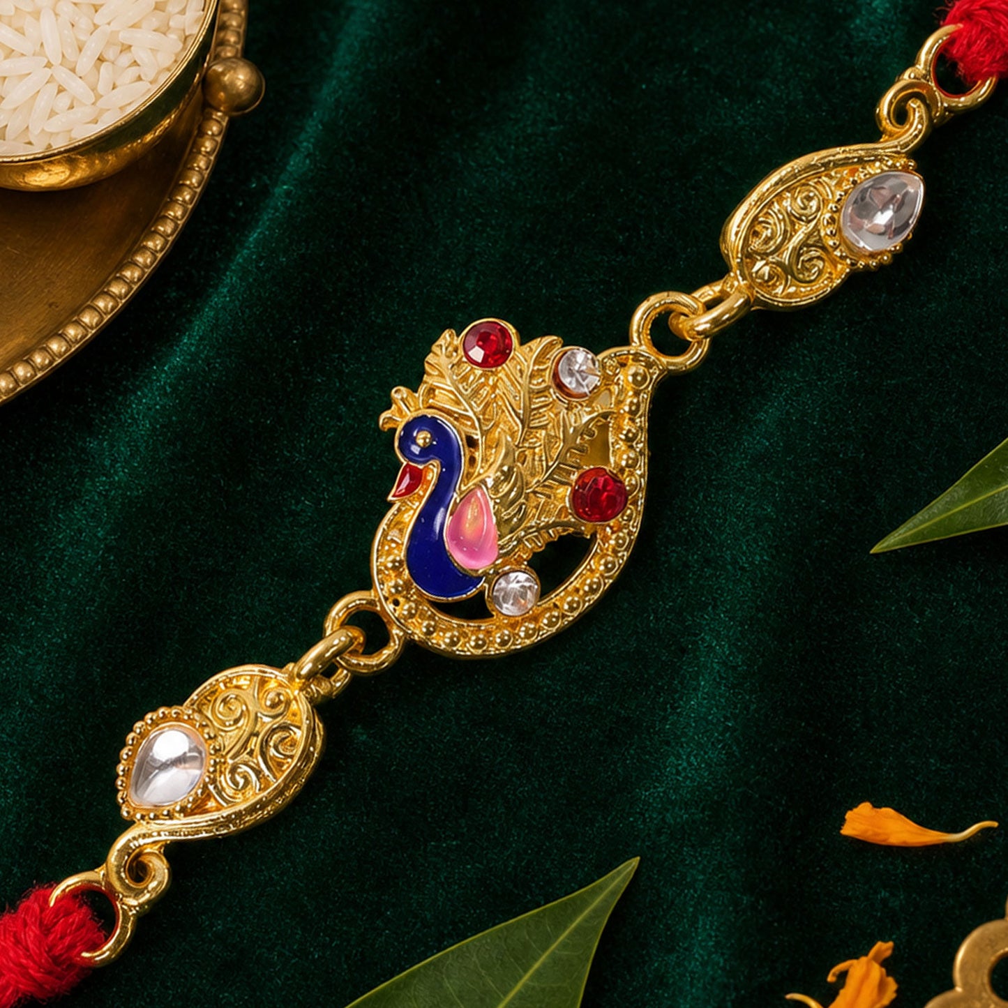 Elegant Rakhi showcasing Peacock Charm, color stones and gift style for Gift Styling