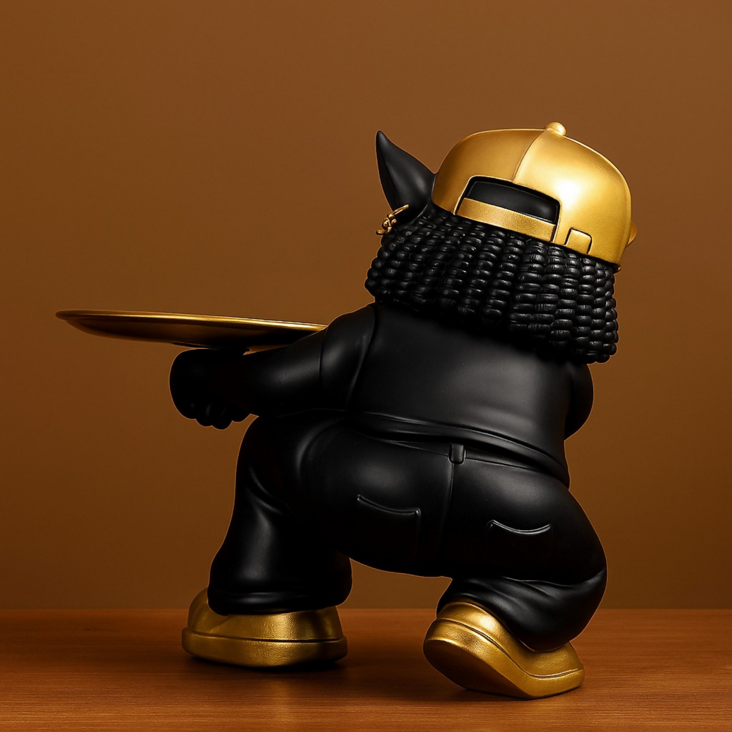 Luxury Black & Gold Bulldog Butler Figurine with Tray – Stylish Resin Dog Showpiece Wearing Cap & Sunglasses – Funky Modern Art Decorative Tray Stand for Keys, Coins & Snacks – Premium Home & Office Décor Gift