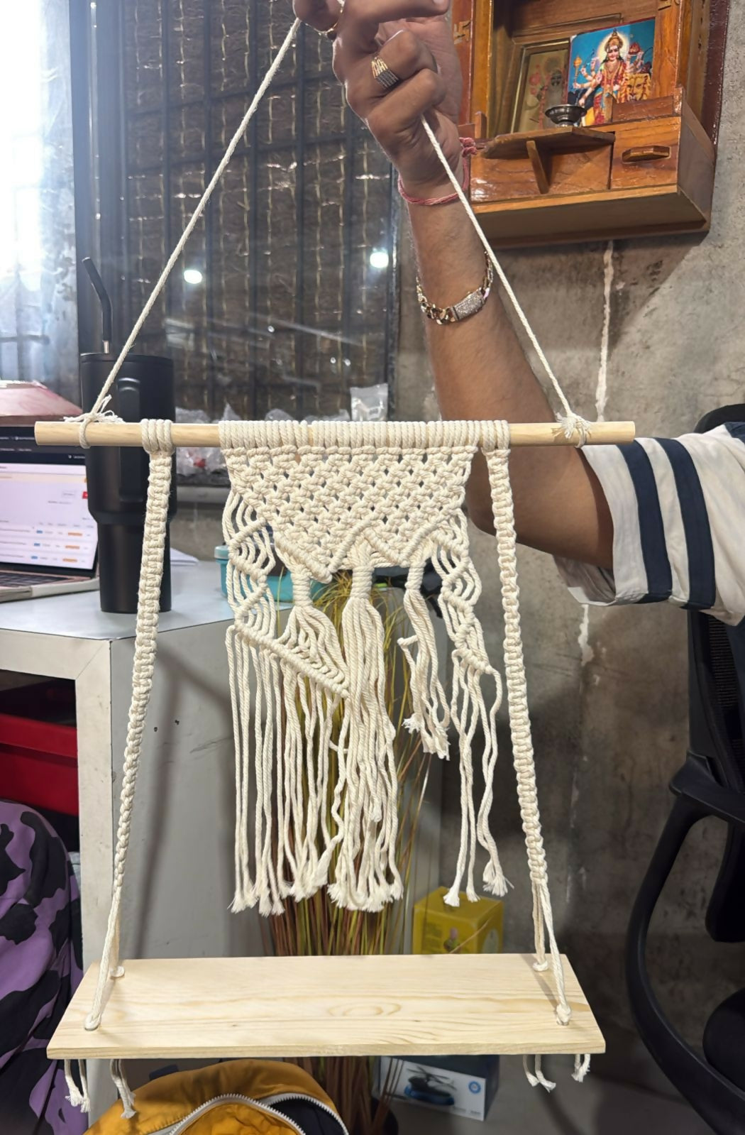 Macrame Hanging Wooden Shelf Wall Decor Display Rack with Rope