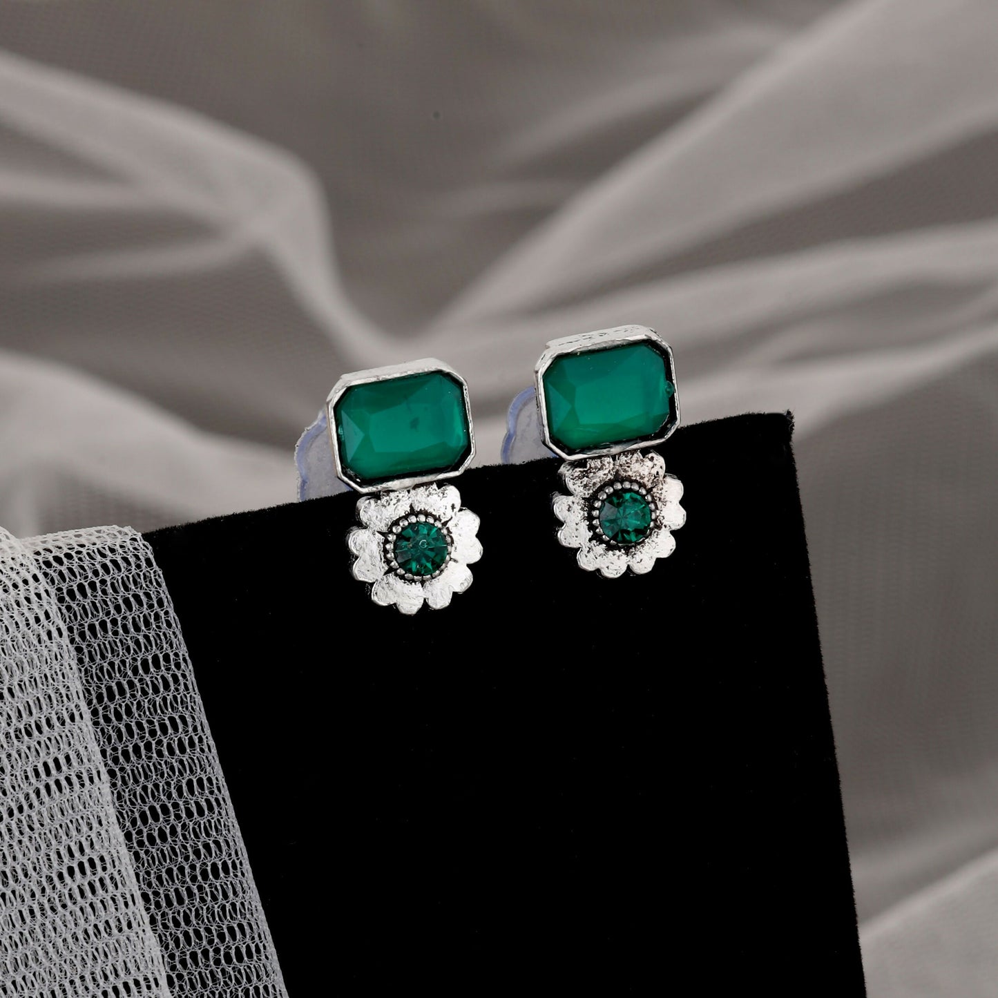 Bohemian Oxidized Silver Choker Set with Emerald Green Stones